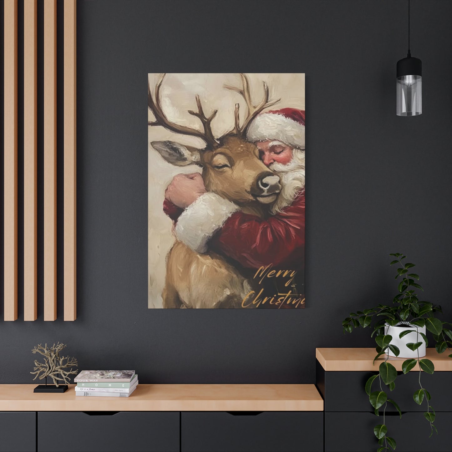 Santa Claus Hugging A Reindeer Wall Art & Canvas Prints