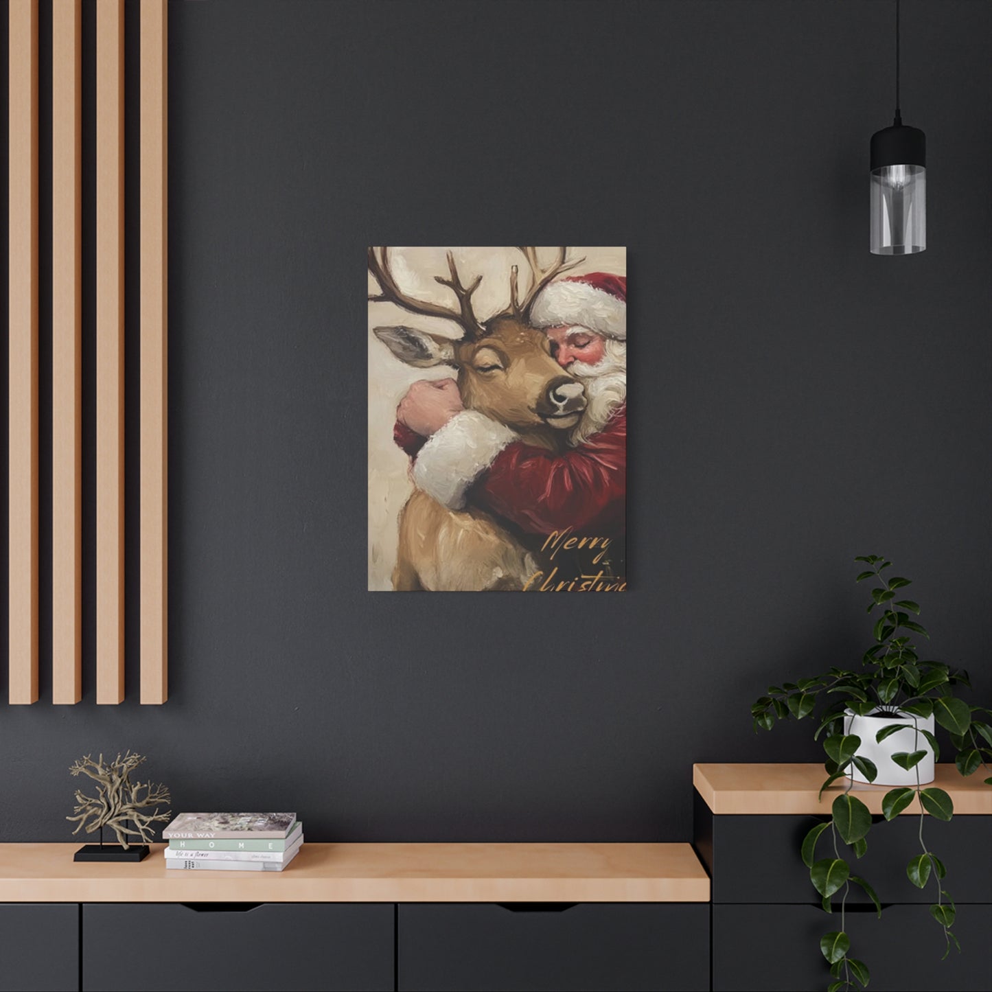 Santa Claus Hugging A Reindeer Wall Art & Canvas Prints