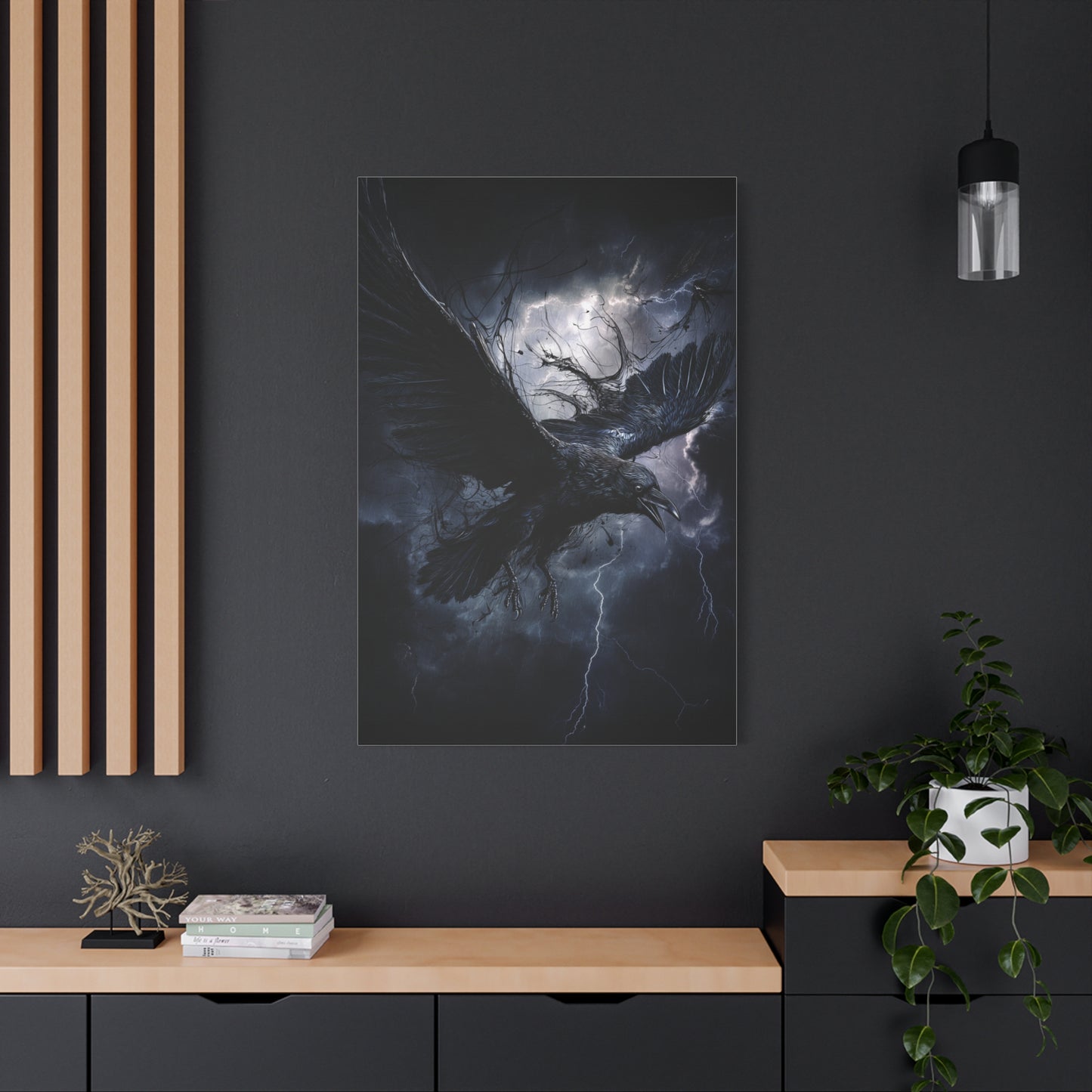 Raven Flying Through Storm Lightning Wall Art & Canvas Print