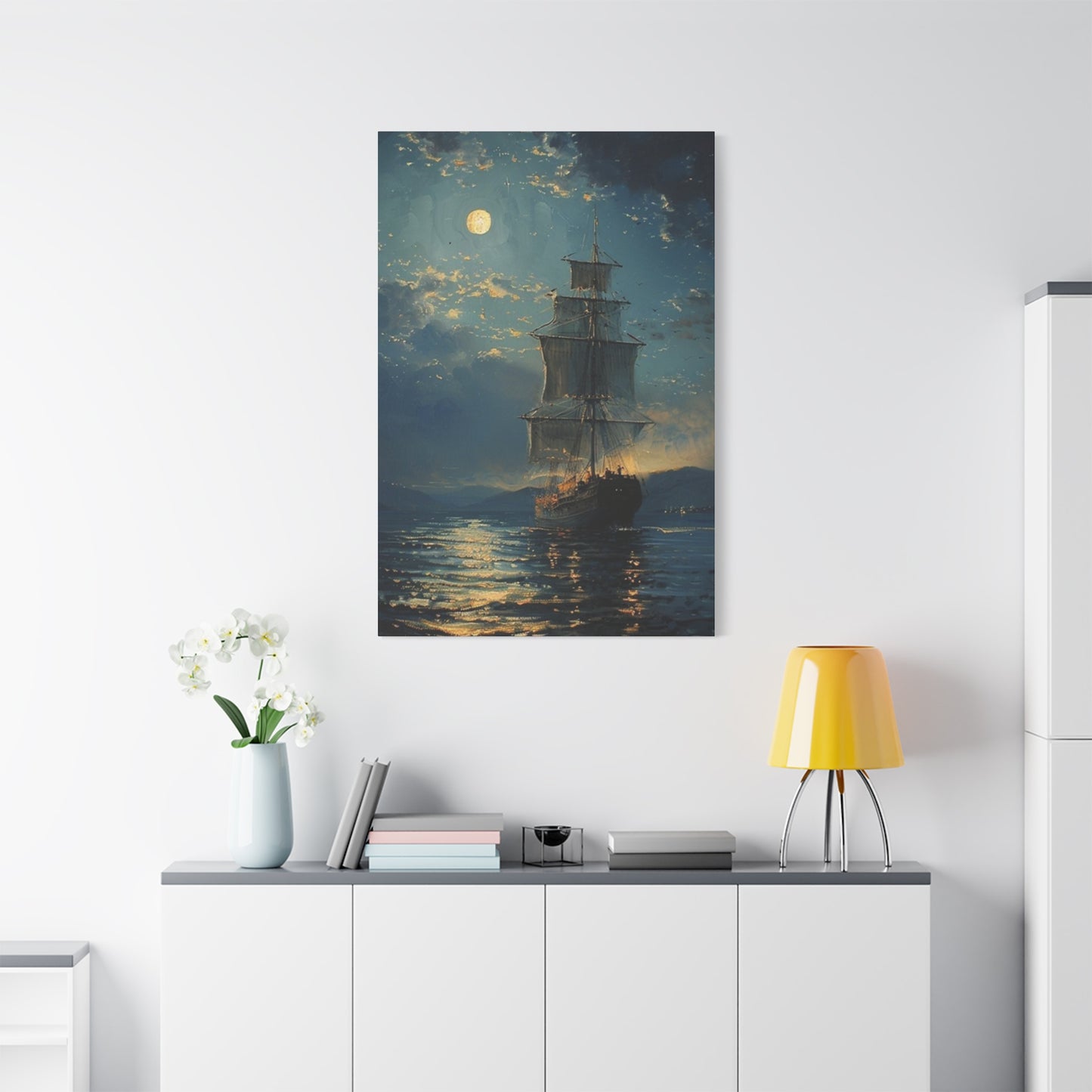 Large Ship Sailing At Night Painting Wall Art & Canvas Prints
