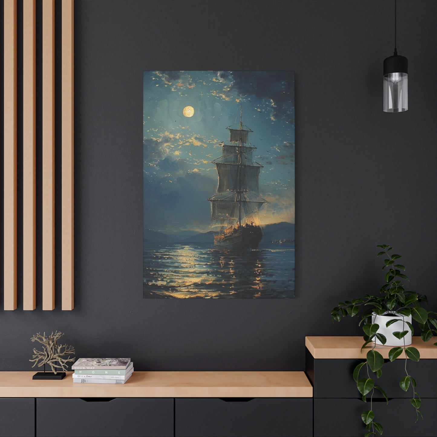 Large Ship Sailing At Night Painting Wall Art & Canvas Prints