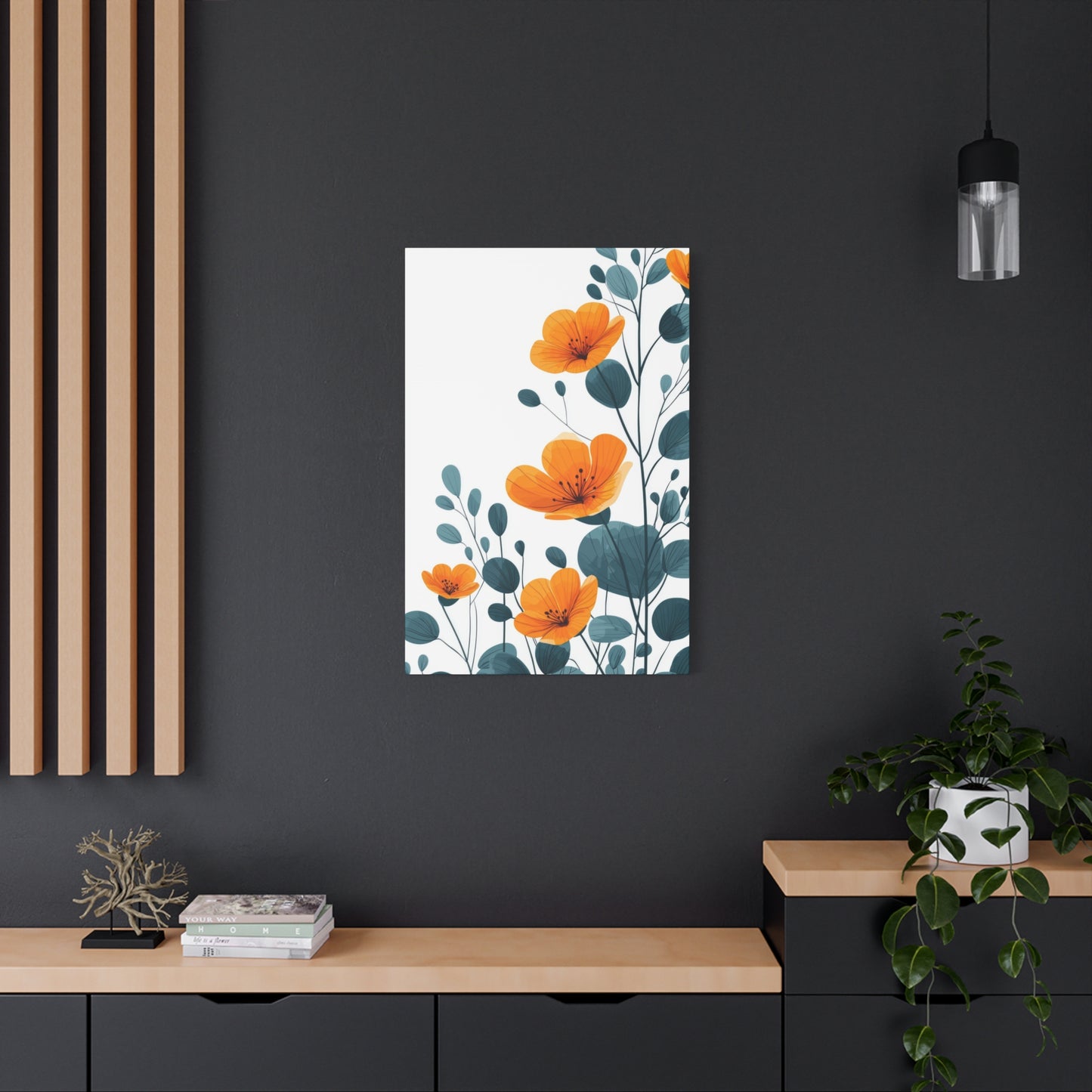 Orange Flower Blue Leaves Deco Wall Art & Canvas Prints