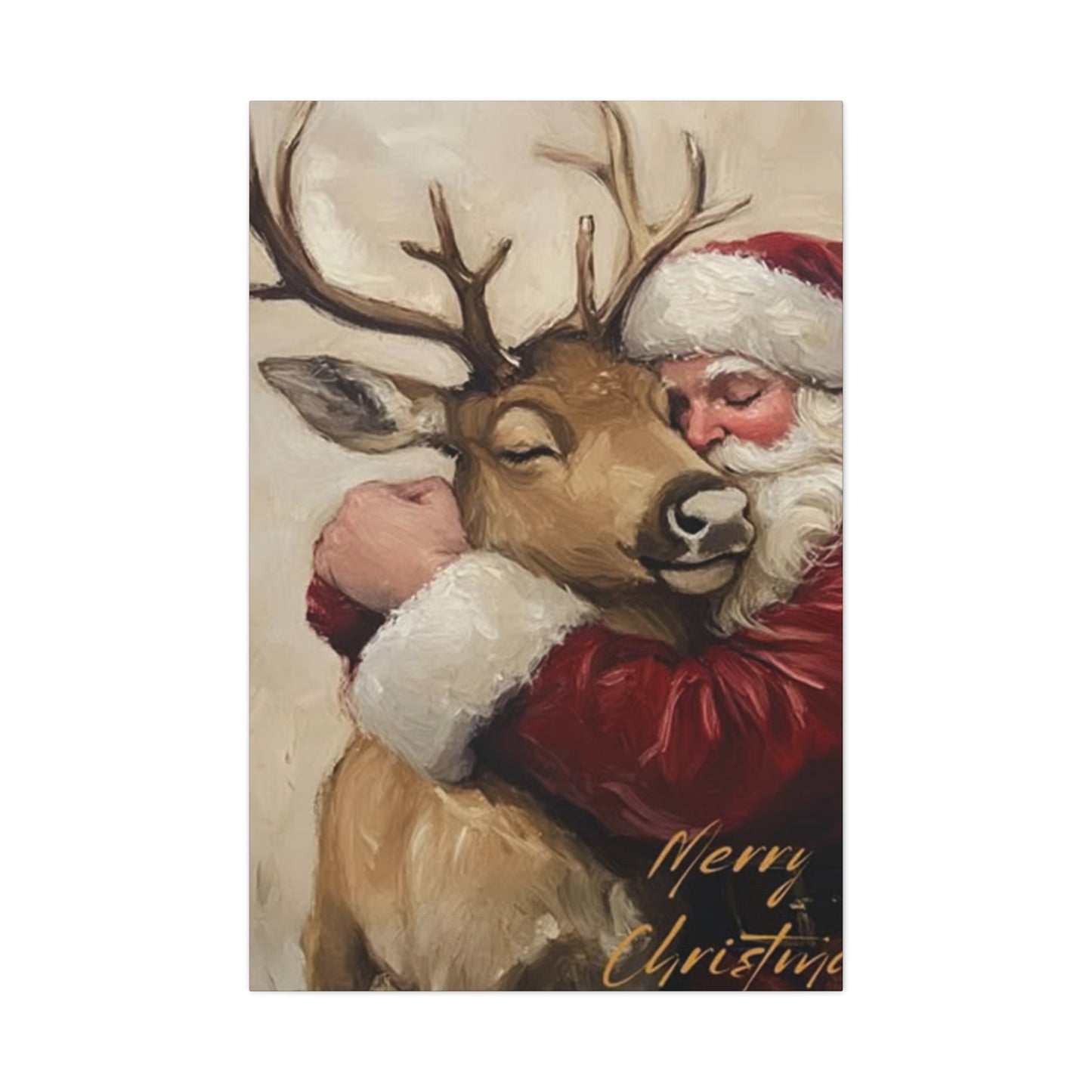 Santa Claus Hugging A Reindeer Wall Art & Canvas Prints