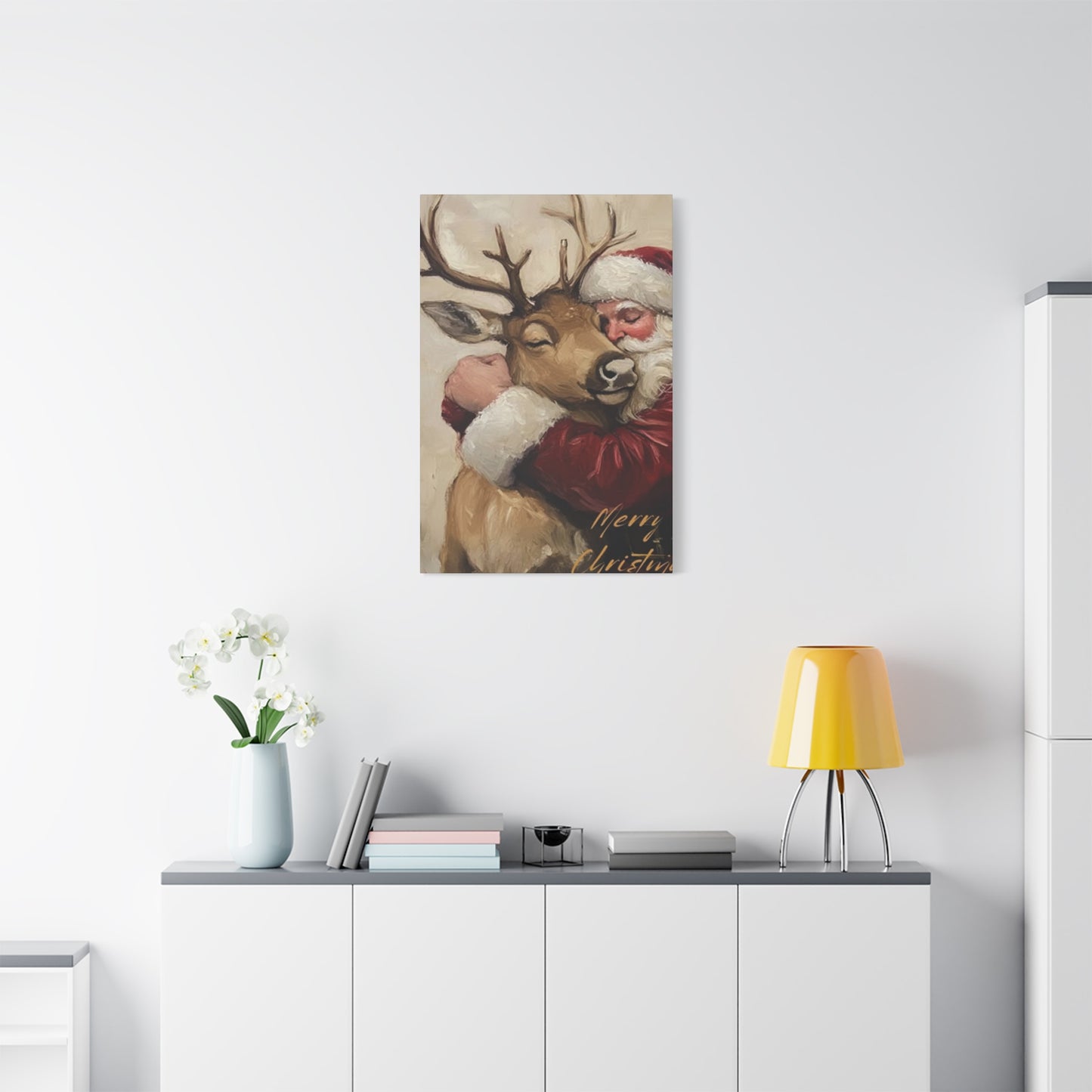 Santa Claus Hugging A Reindeer Wall Art & Canvas Prints