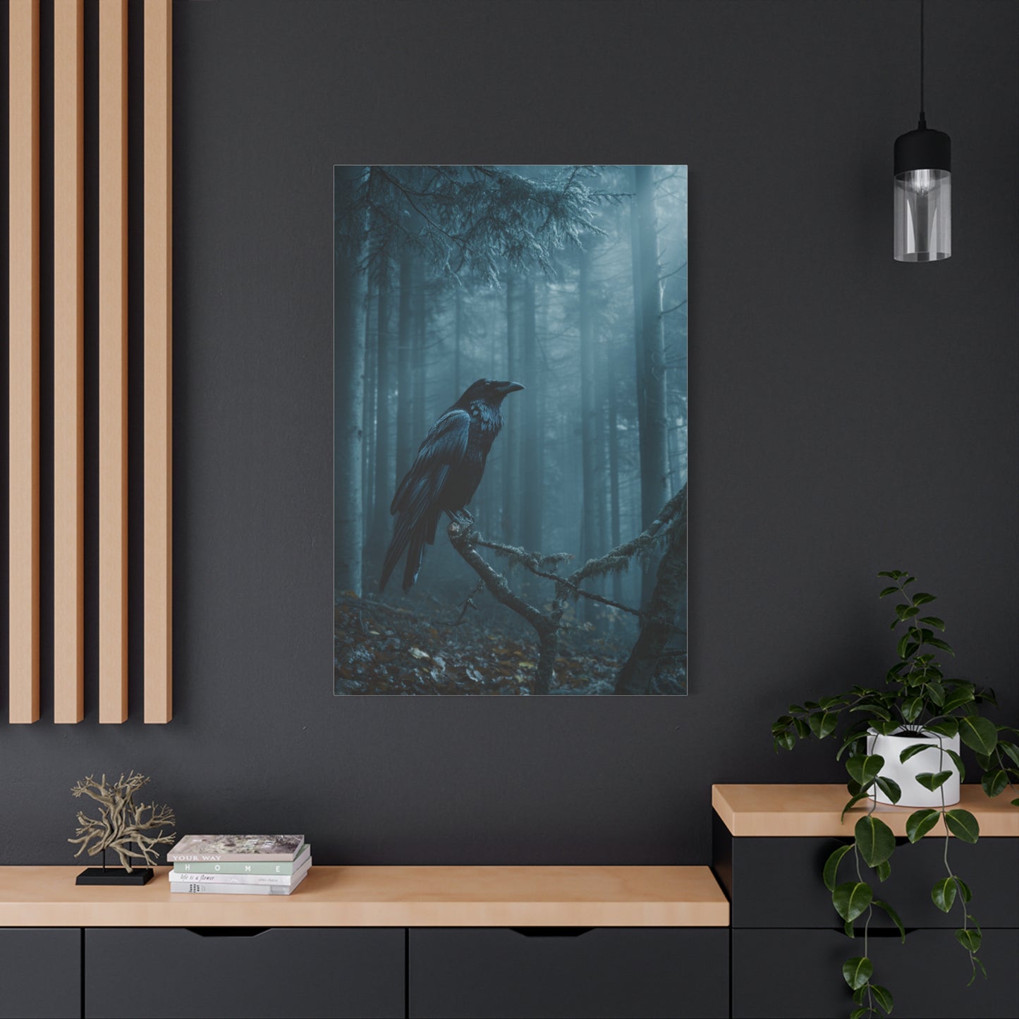 Raven in Twilight Pine Forest Wall Art & Canvas Print