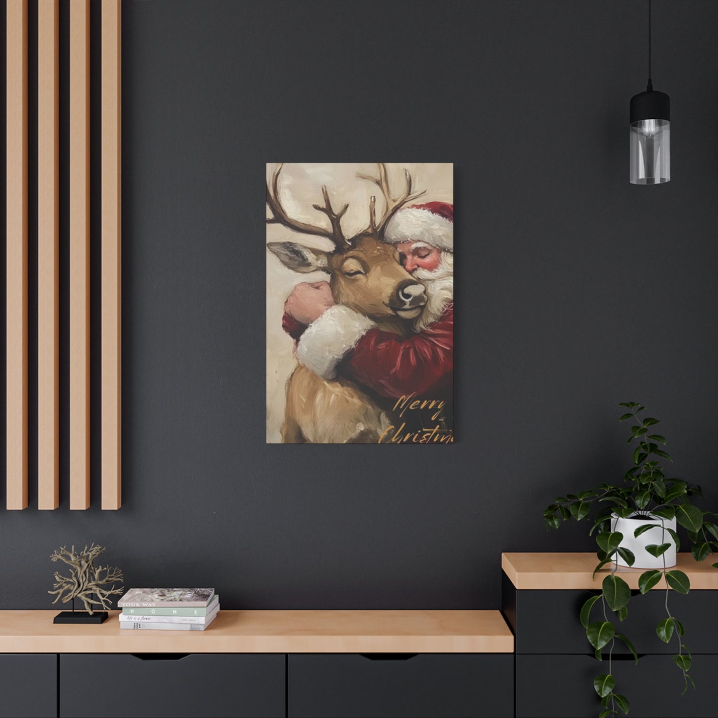 Santa Claus Hugging A Reindeer Wall Art & Canvas Prints