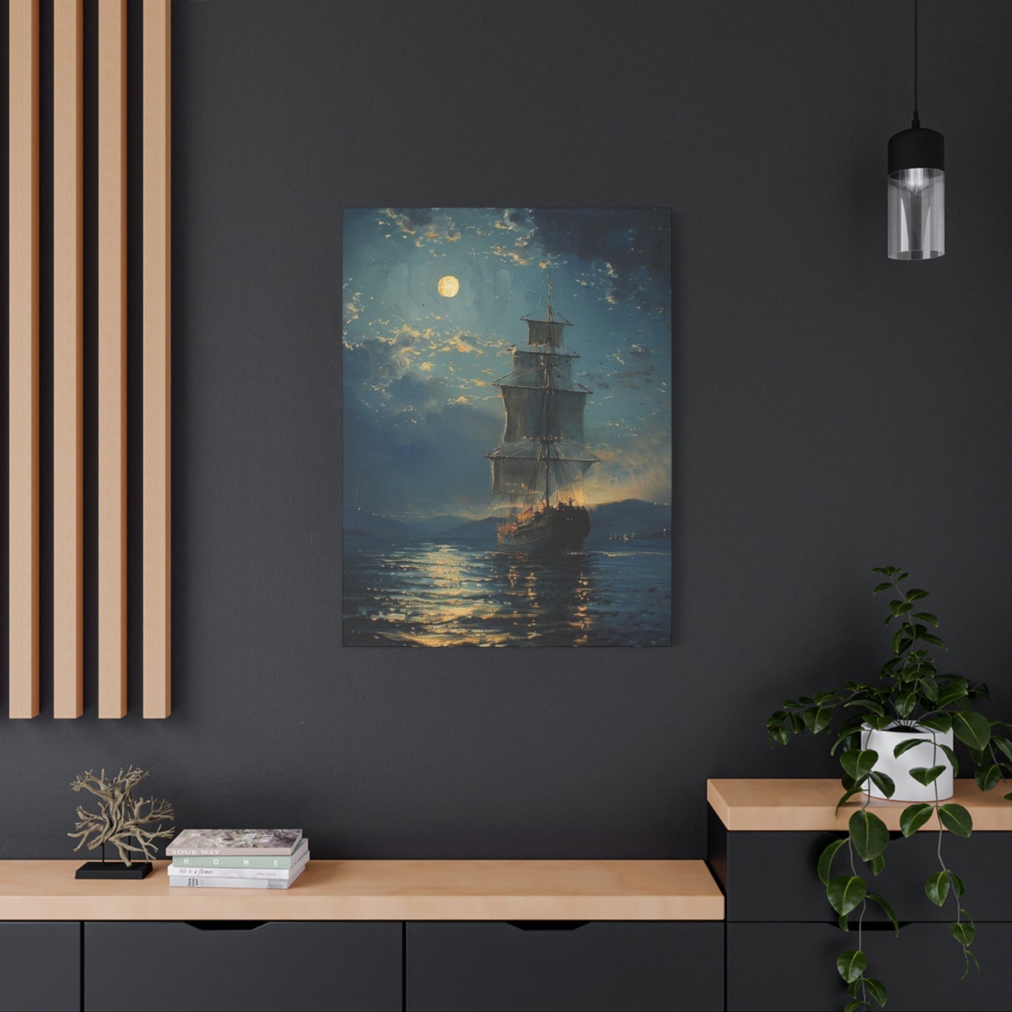 Large Ship Sailing At Night Painting Wall Art & Canvas Prints