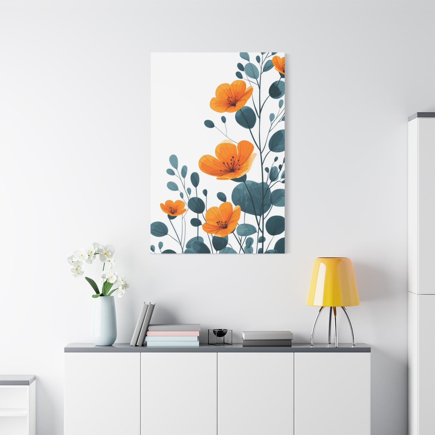 Orange Flower Blue Leaves Deco Wall Art & Canvas Prints
