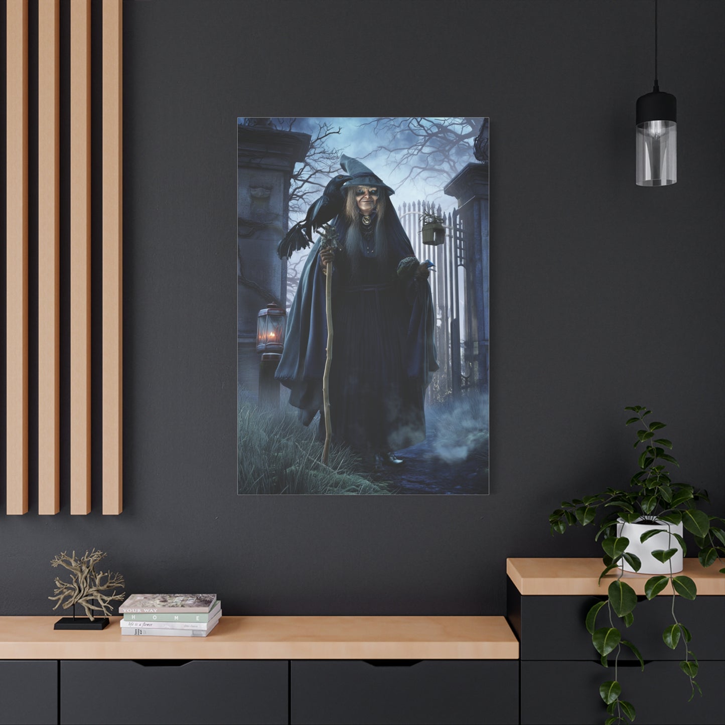 Witch with Raven at the Moonlit Cemetery Gate Wall Art & Canvas Print