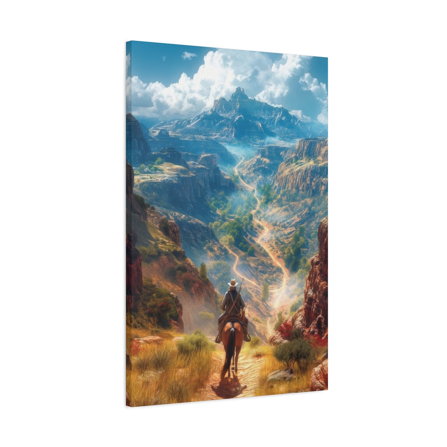 Cowboy Looking At Valley Landscape Wall Art & Canvas Prints