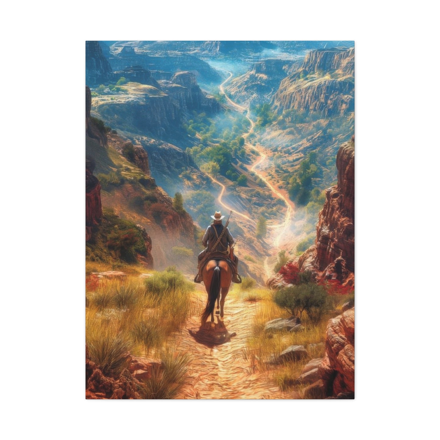 Cowboy Looking At Valley Landscape Wall Art & Canvas Prints