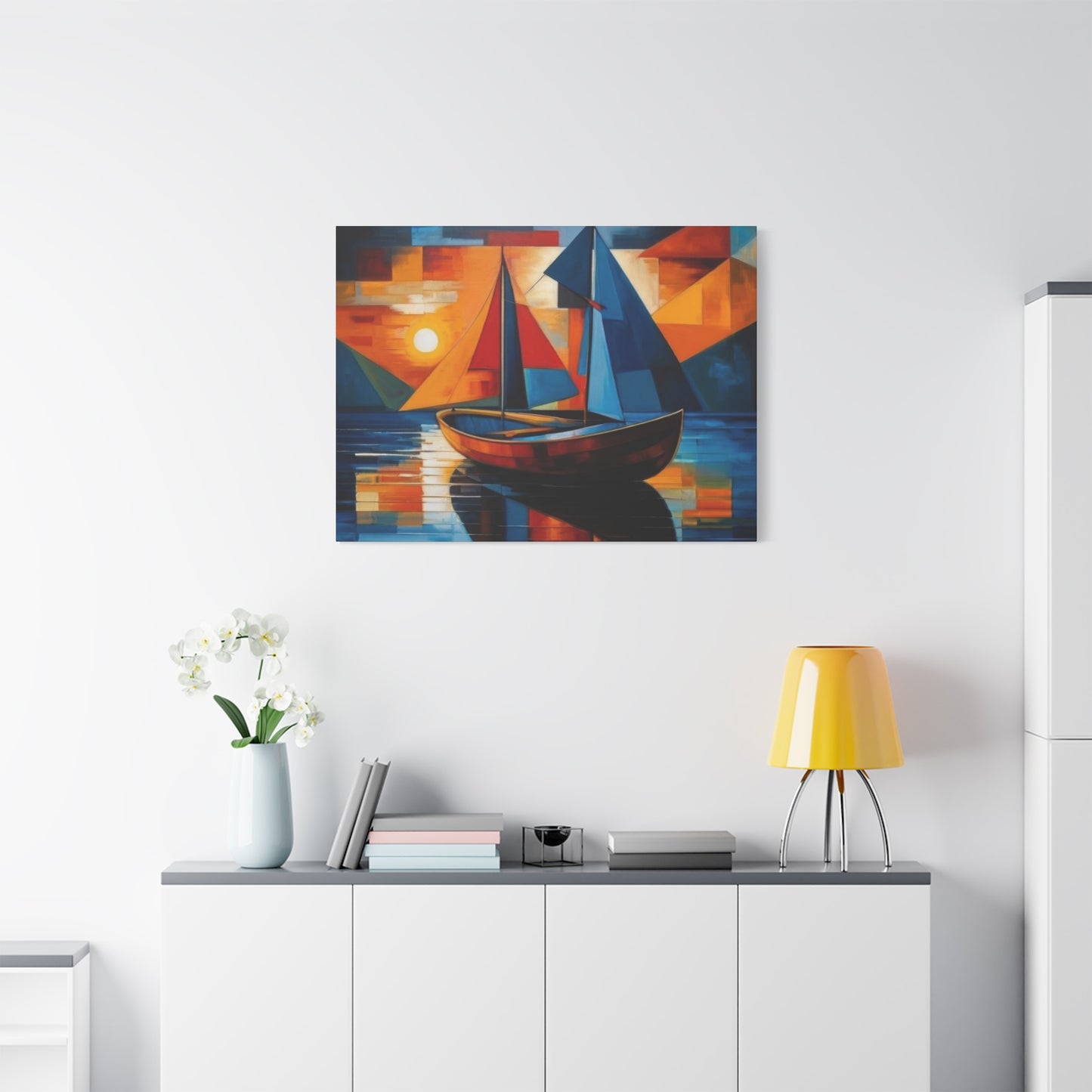 Boat In Water Sunset Cubism Wall Art & Canvas Prints
