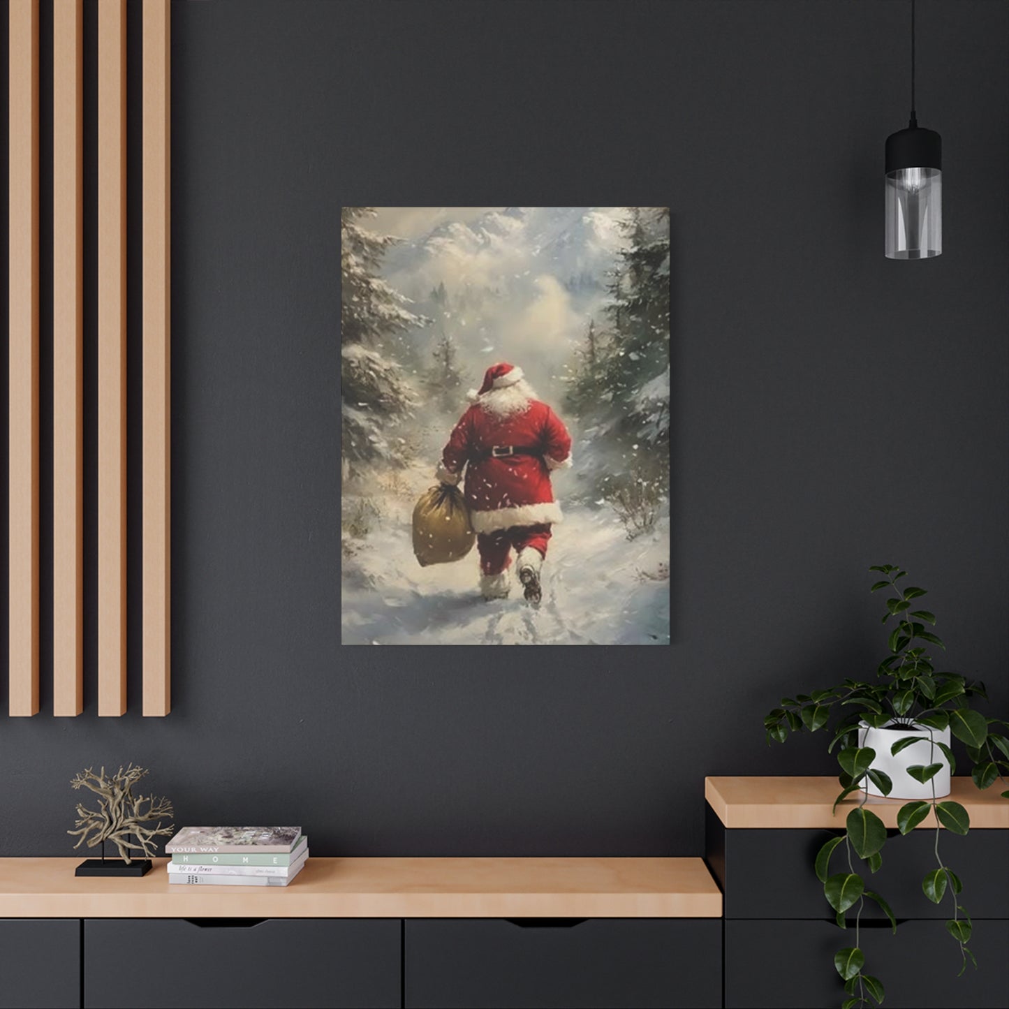 Santa Claus Running In Snow Wall Art & Canvas Prints