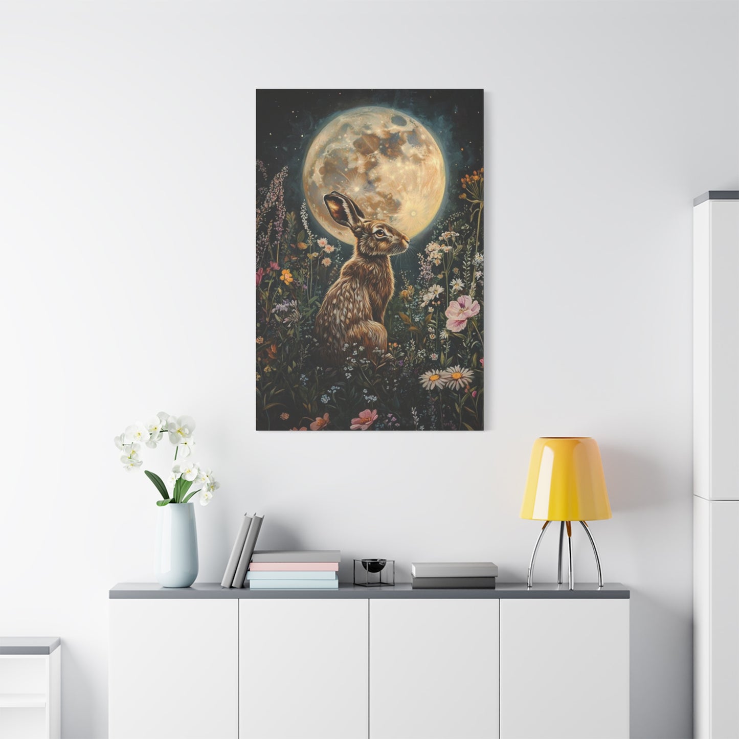 Moon And The Small White Rabbit Wall Art & Canvas Prints