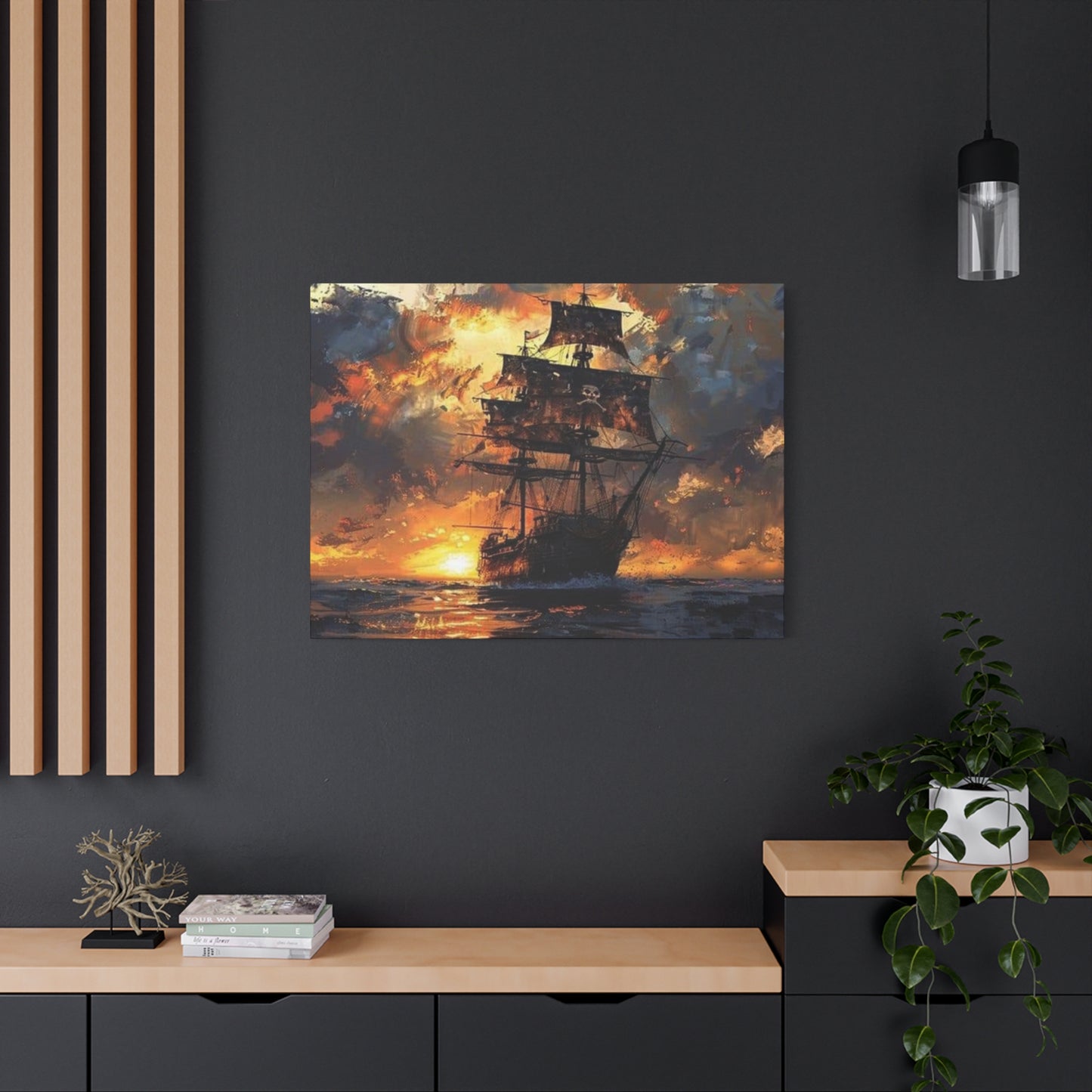 Ship In Sea With Sunset Wall Art & Canvas Prints