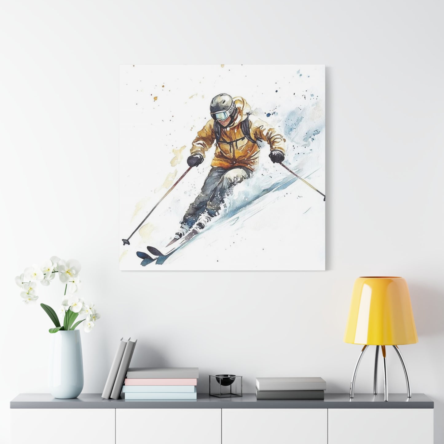 Skiing In White Snow Painting Wall Art & Canvas Prints