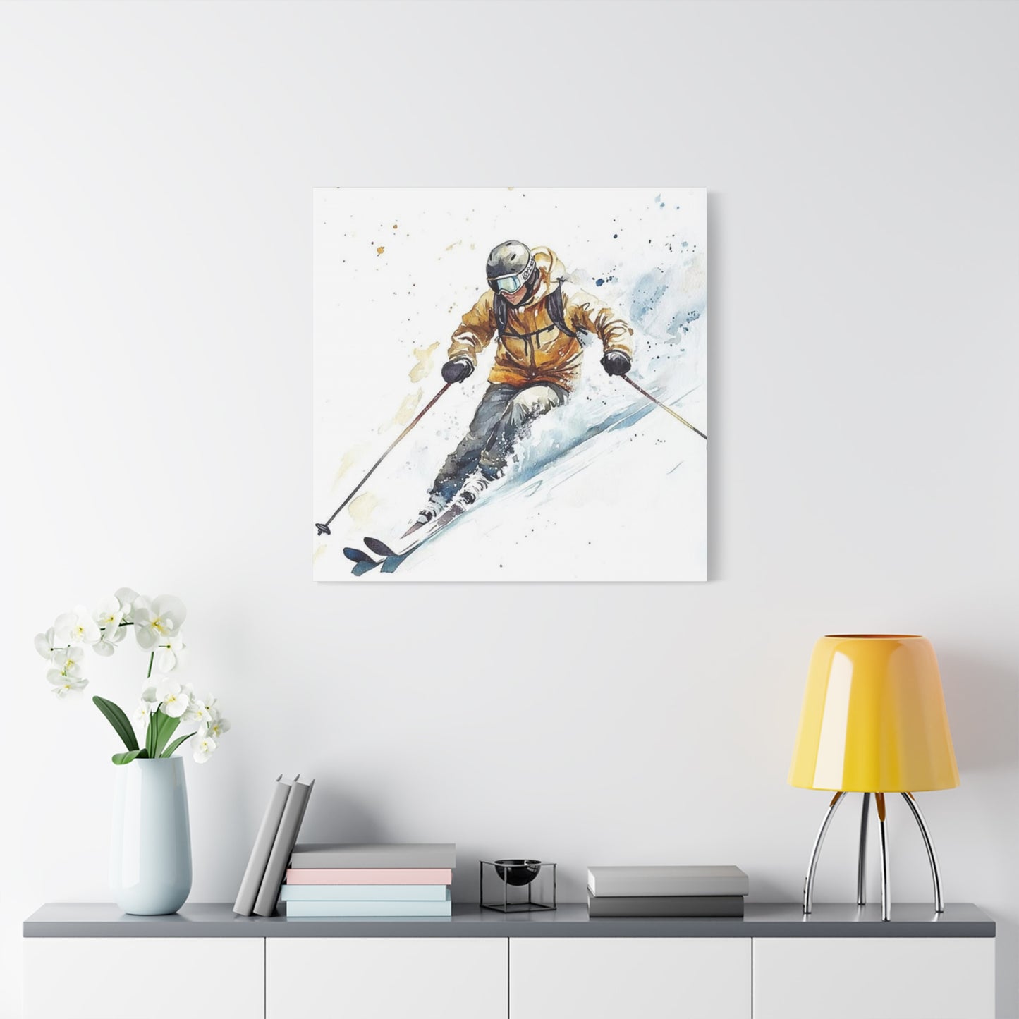 Skiing In White Snow Painting Wall Art & Canvas Prints