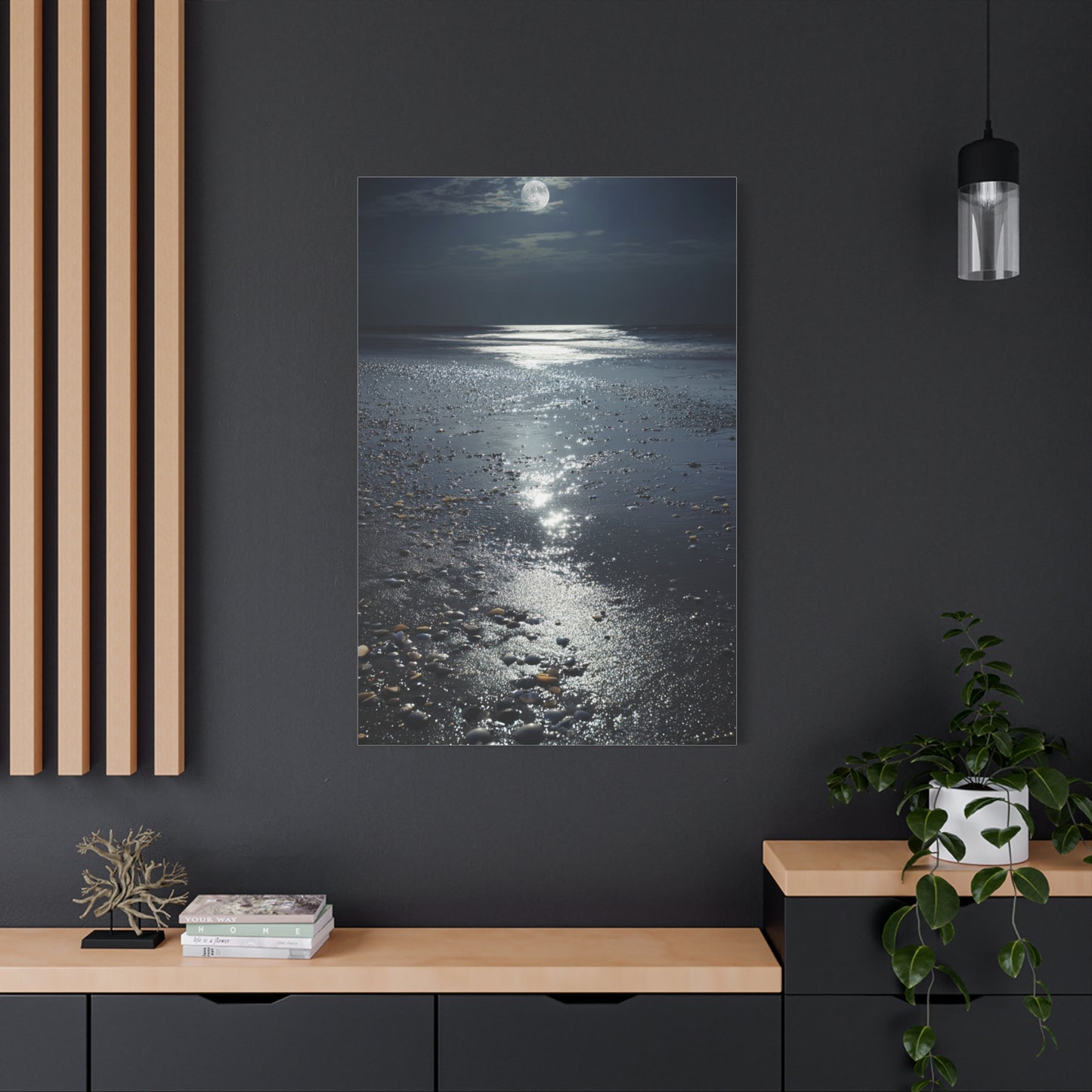 Moonlit Beach Reflections with Scattered Seashells Wall Art & Canvas Print
