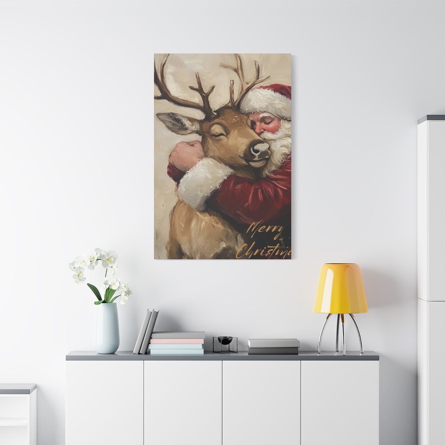 Santa Claus Hugging A Reindeer Wall Art & Canvas Prints