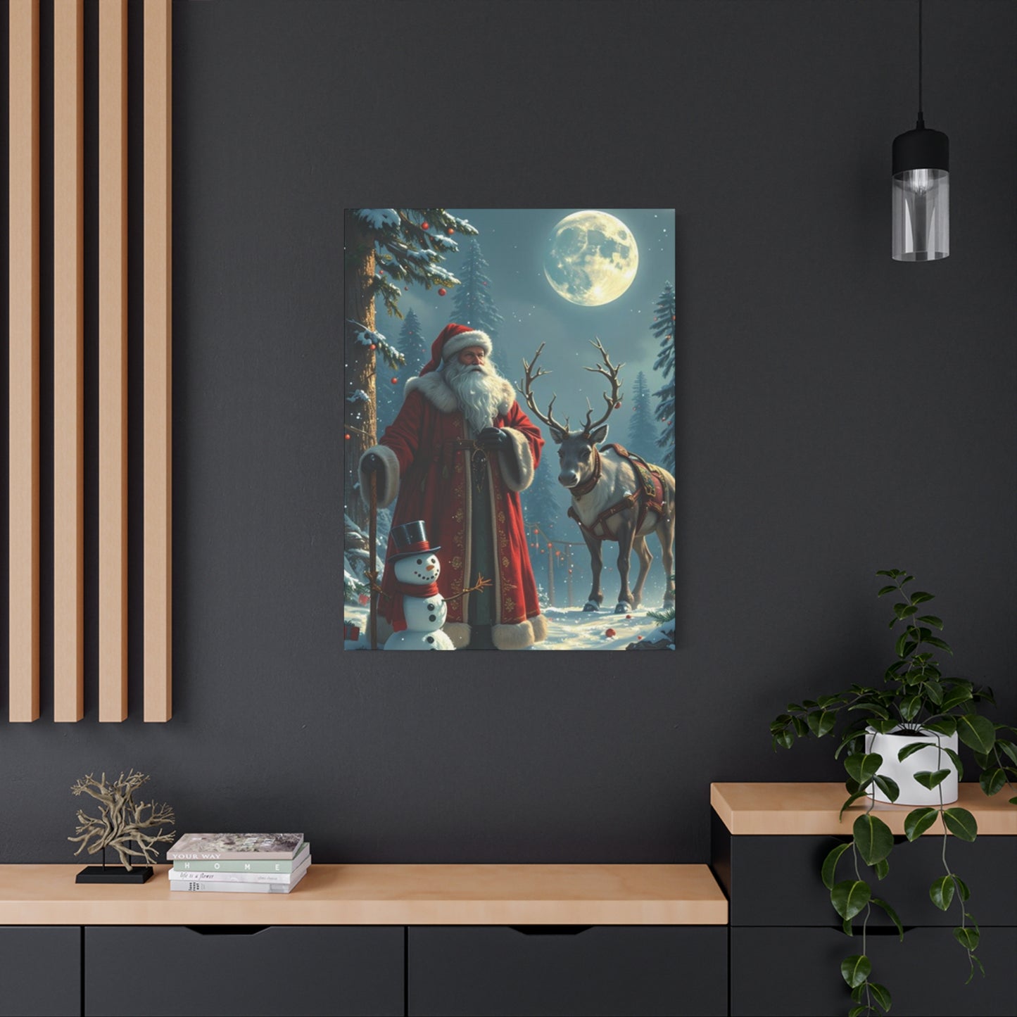 Santa Claus And Reindeer In Snow Wall Art & Canvas Prints