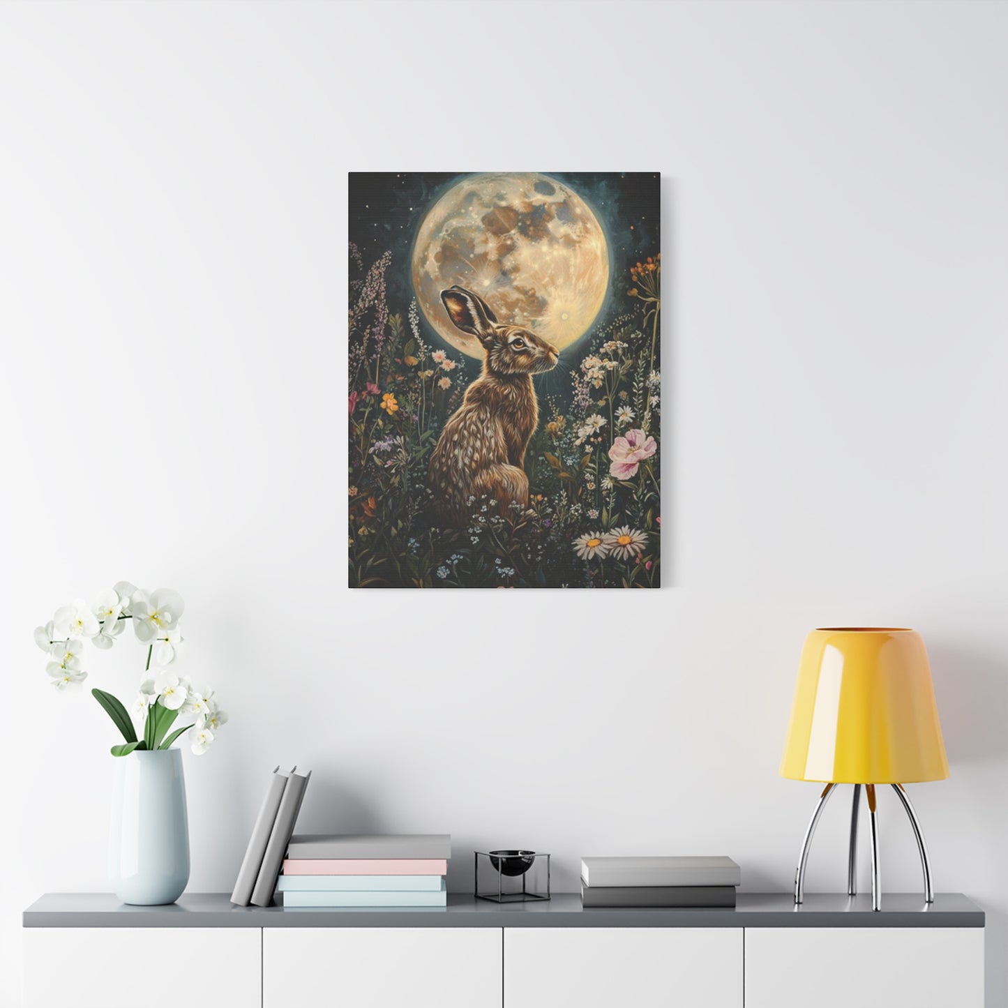 Moon And The Small White Rabbit Wall Art & Canvas Prints