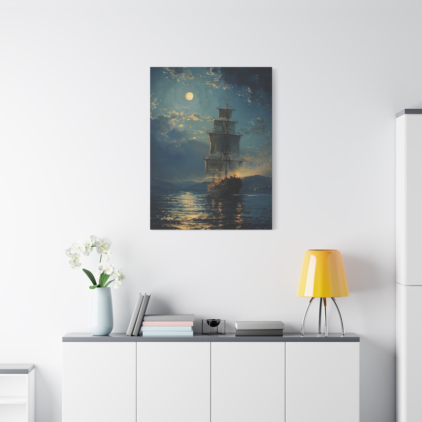Large Ship Sailing At Night Painting Wall Art & Canvas Prints