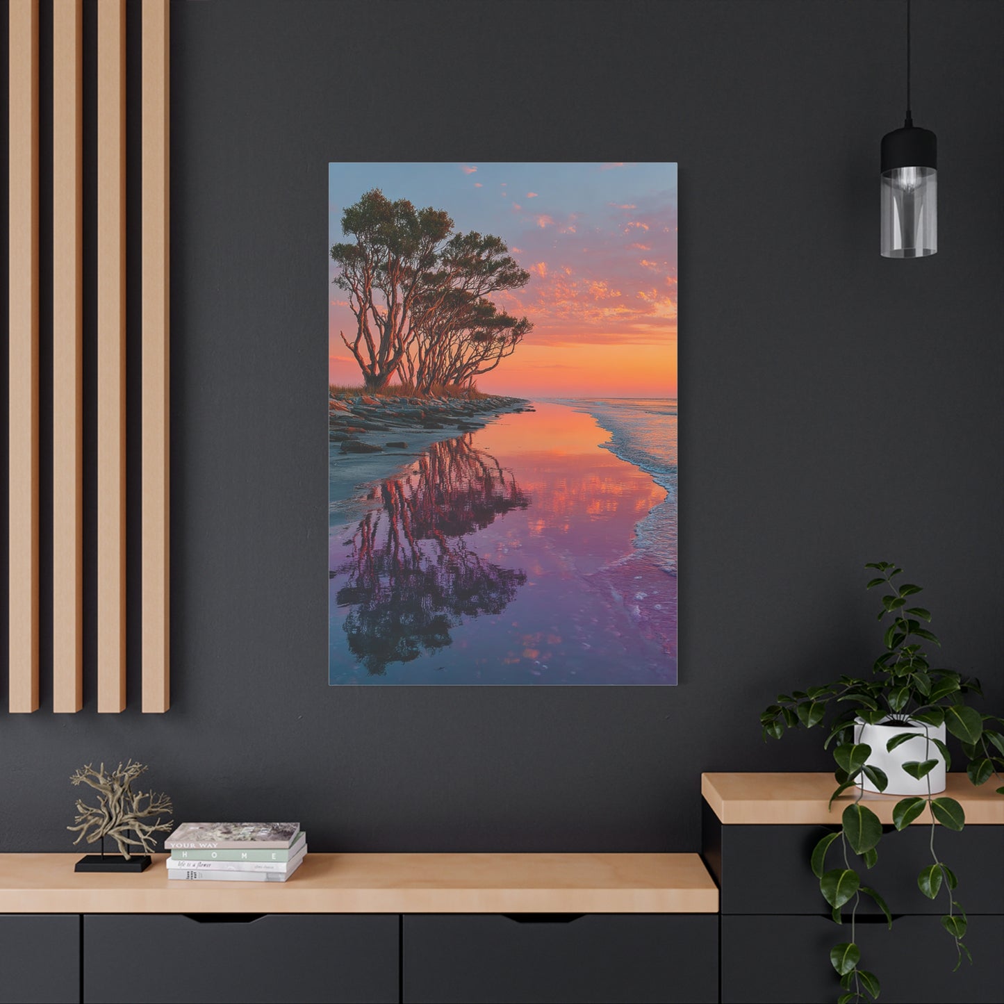 Driftwood Coastal Reflection Sunrise Wall Art & Canvas Print