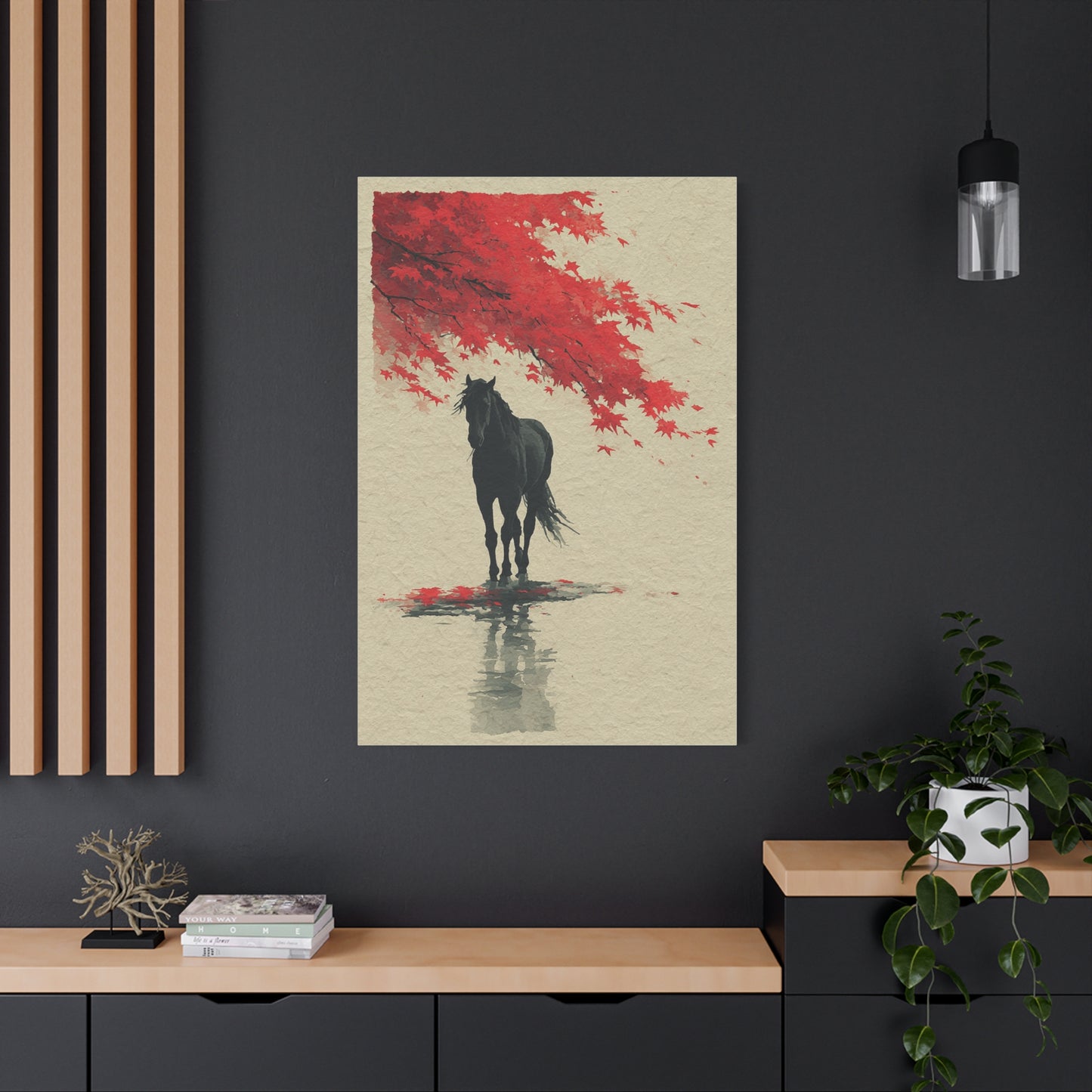 Minimal Horse Silhouette Under Red Maple Wall Art & Canvas Print