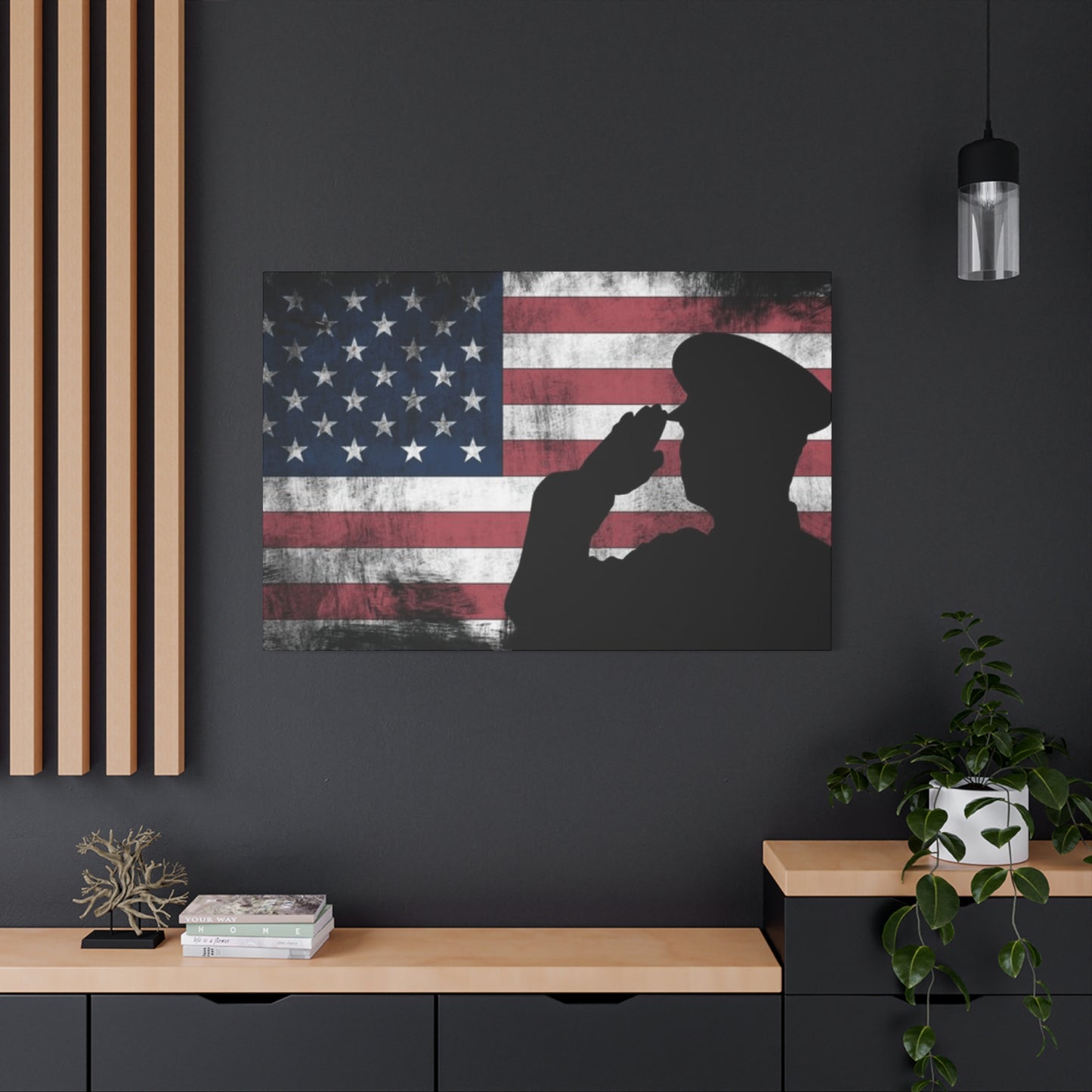 Soldier Salute to American Flag Art & Canvas Prints