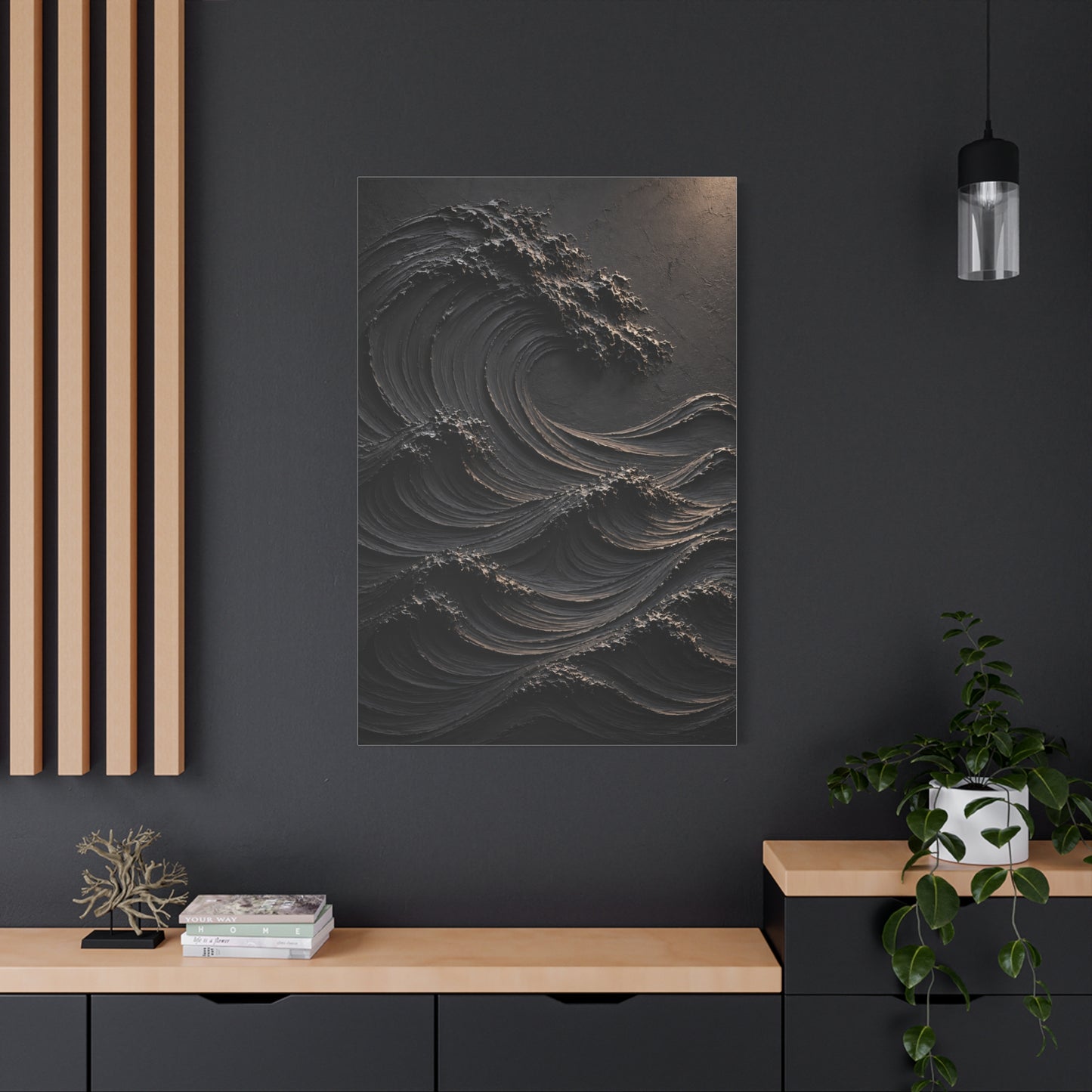 Matte Black Sculptural Ocean Motion Wall Art & Canvas Print