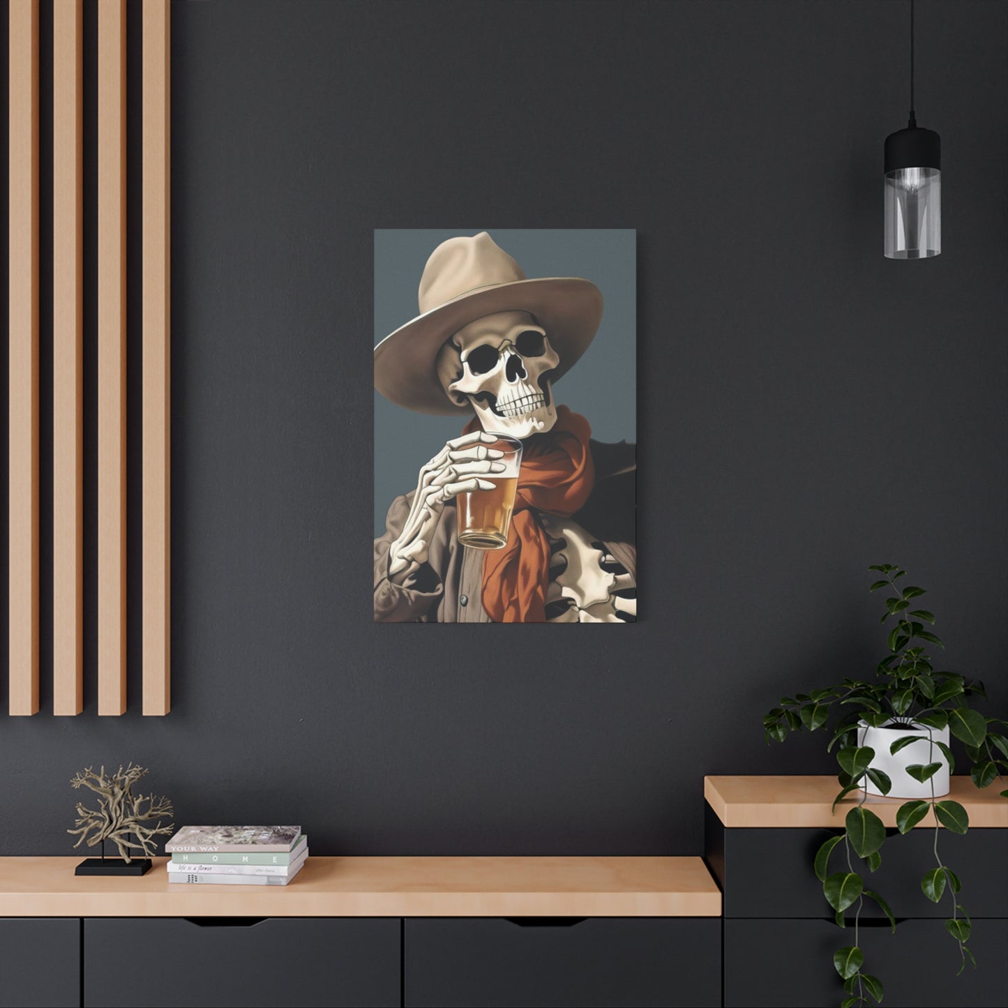 Drinking Skeleton Cowboy Wall Art & Canvas Prints
