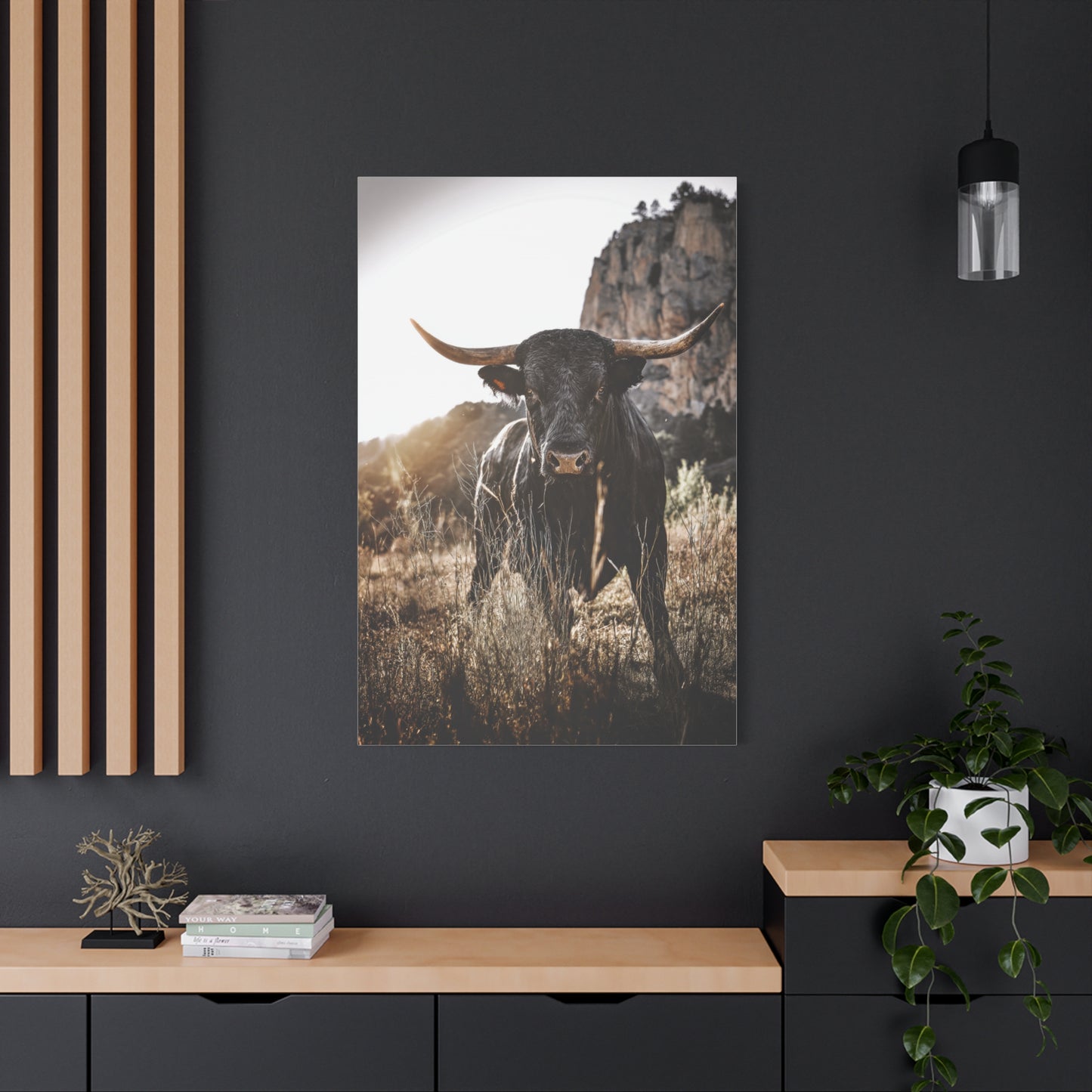 Mountain Cliff Bull Portrait Wall Art & Canvas Print
