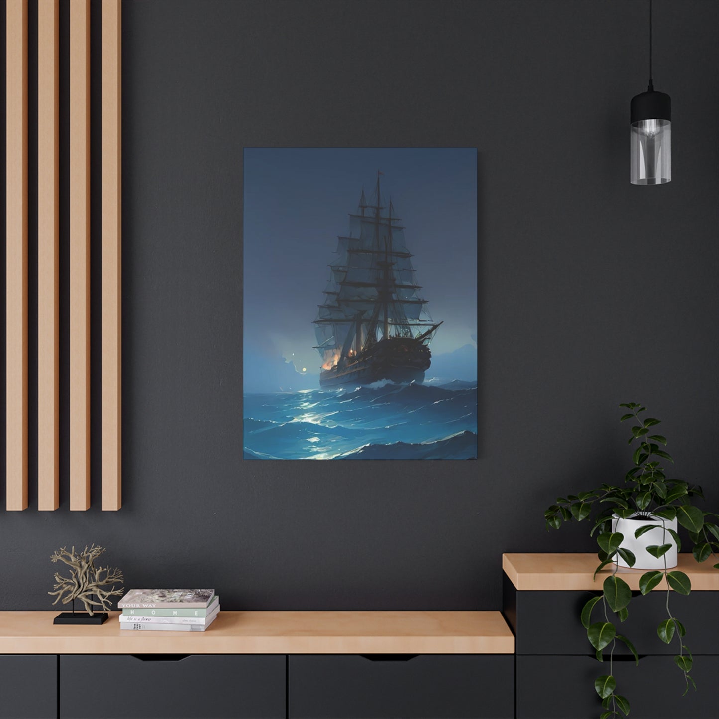Black Sailing Ship At Night Wall Art & Canvas Prints