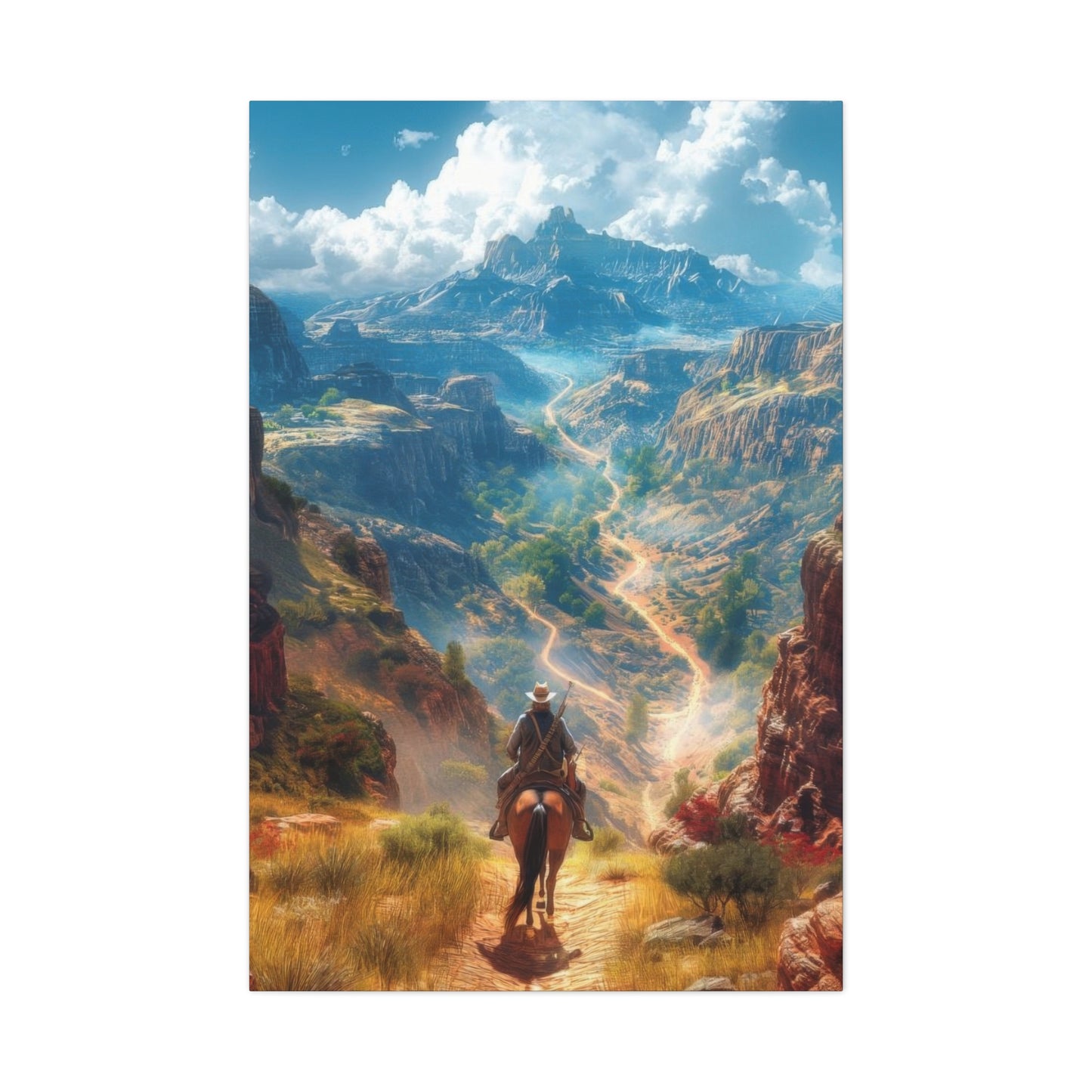 Cowboy Looking At Valley Landscape Wall Art & Canvas Prints