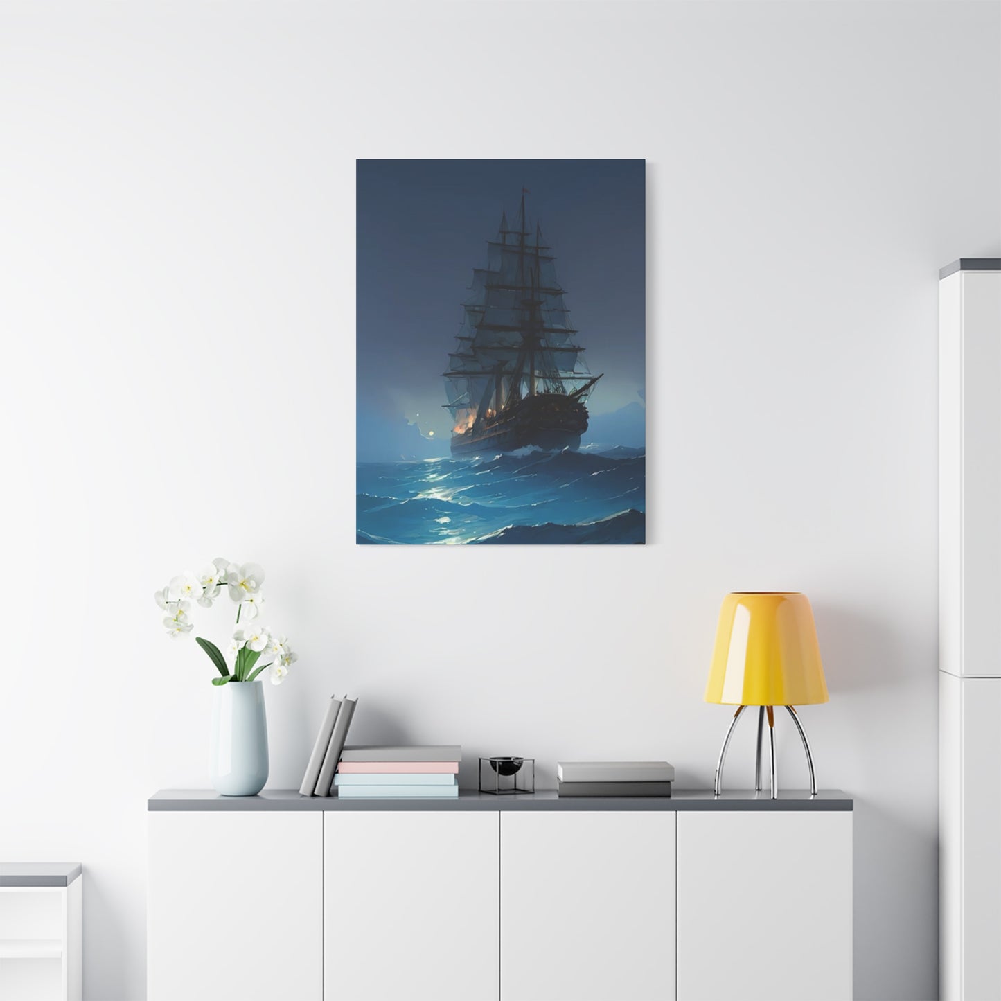 Black Sailing Ship At Night Wall Art & Canvas Prints