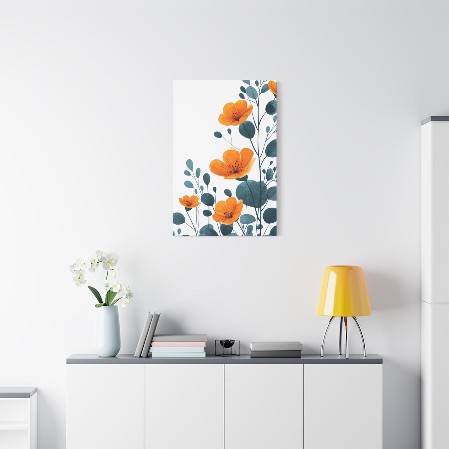 Orange Flower Blue Leaves Deco Wall Art & Canvas Prints