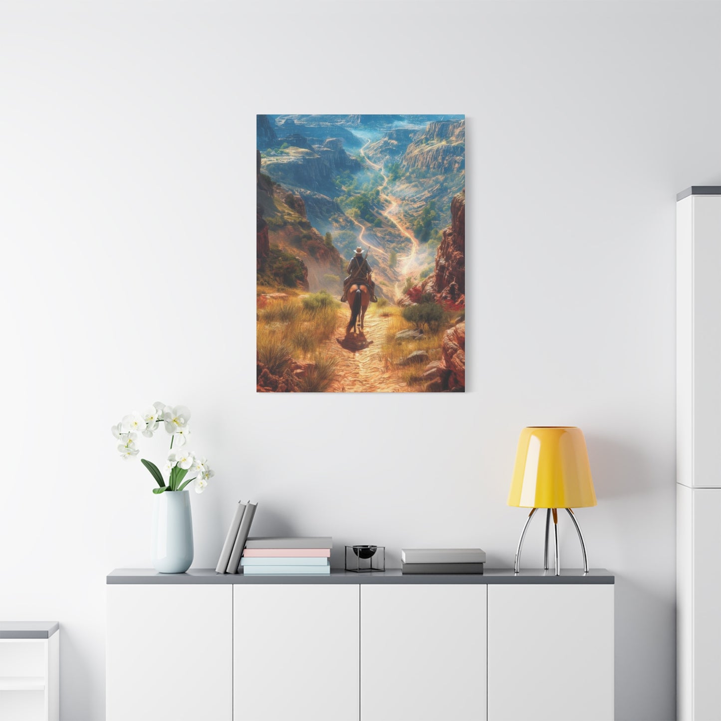 Cowboy Looking At Valley Landscape Wall Art & Canvas Prints