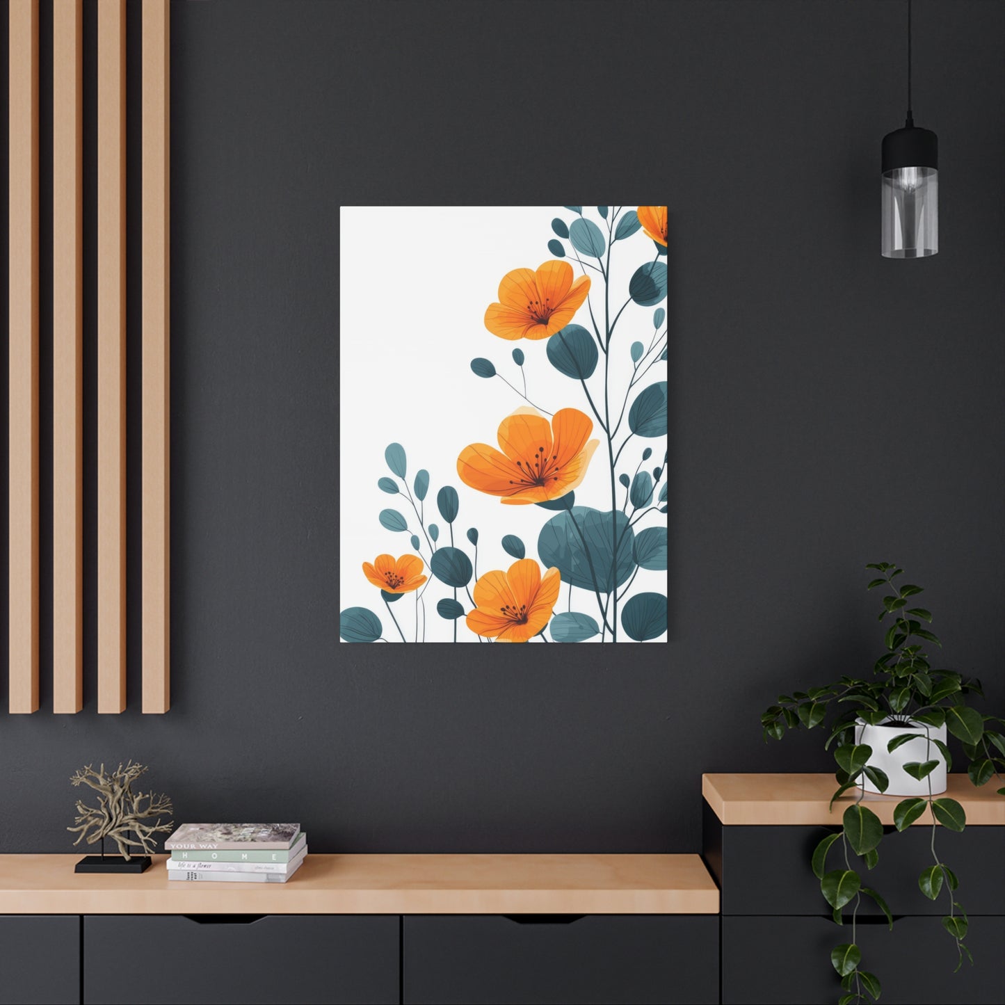 Orange Flower Blue Leaves Deco Wall Art & Canvas Prints