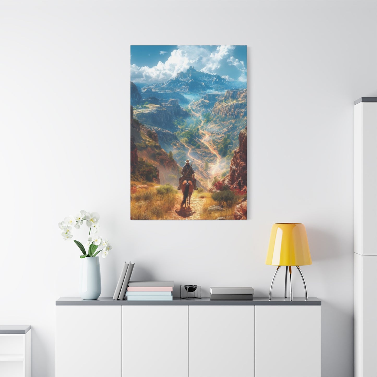 Cowboy Looking At Valley Landscape Wall Art & Canvas Prints