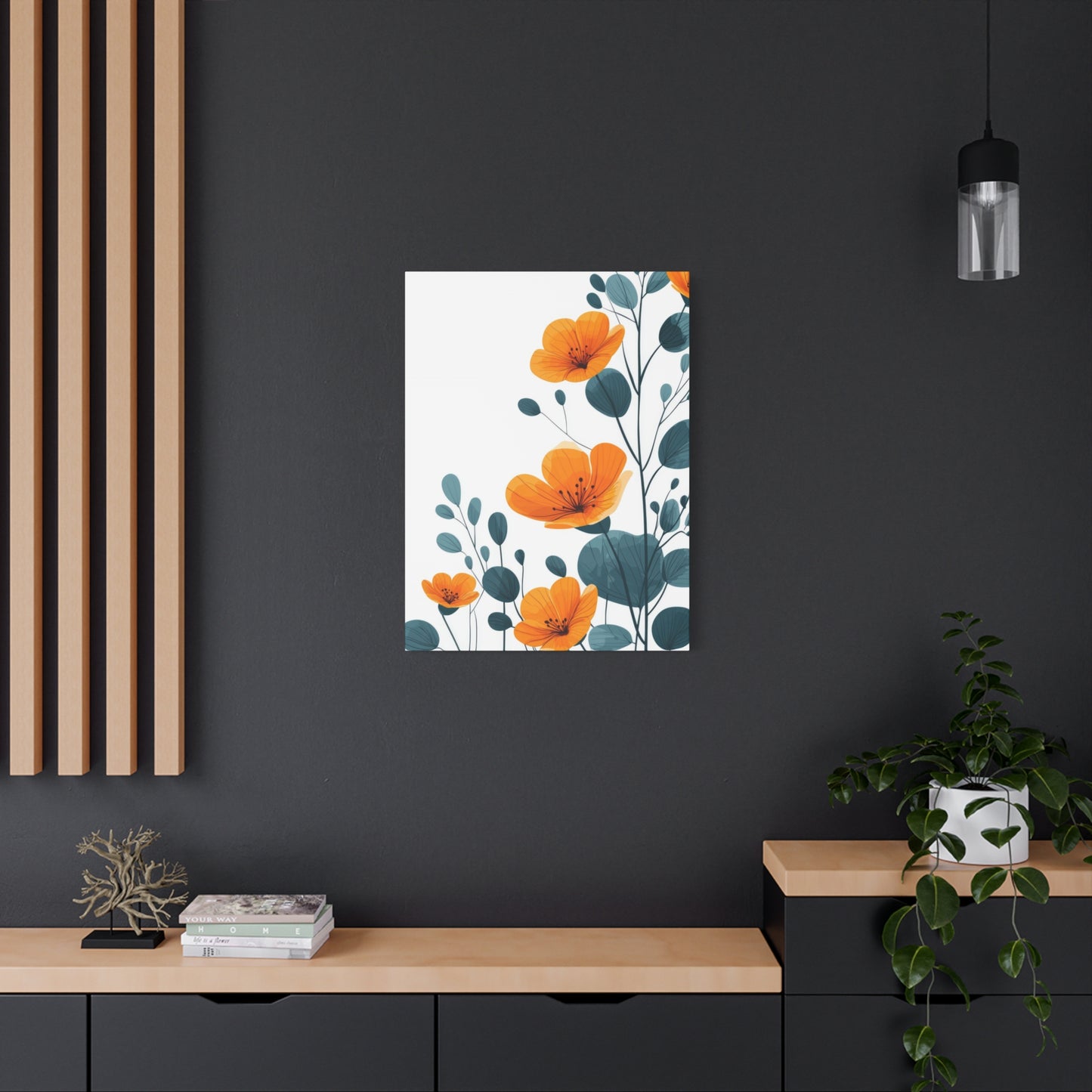 Orange Flower Blue Leaves Deco Wall Art & Canvas Prints