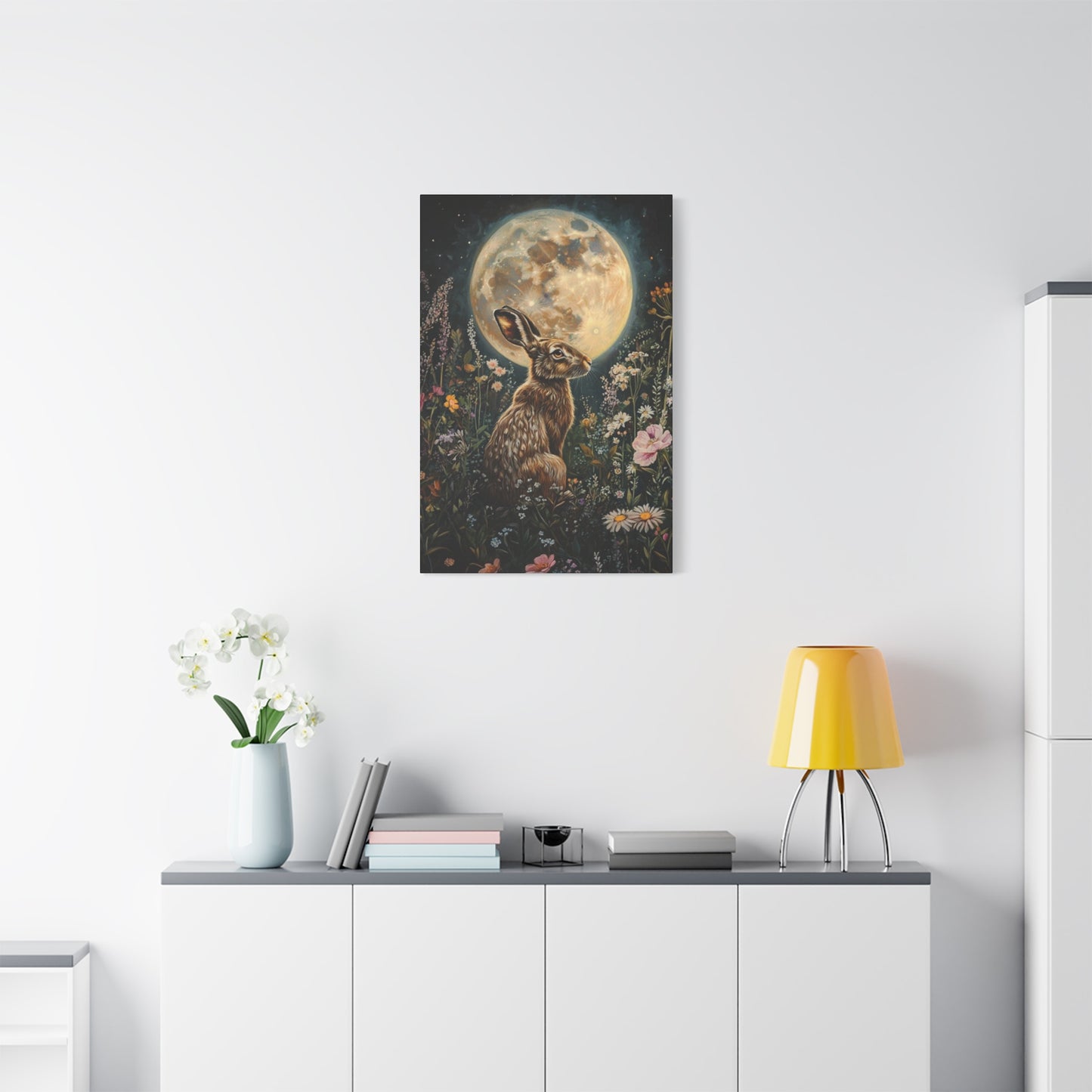 Moon And The Small White Rabbit Wall Art & Canvas Prints