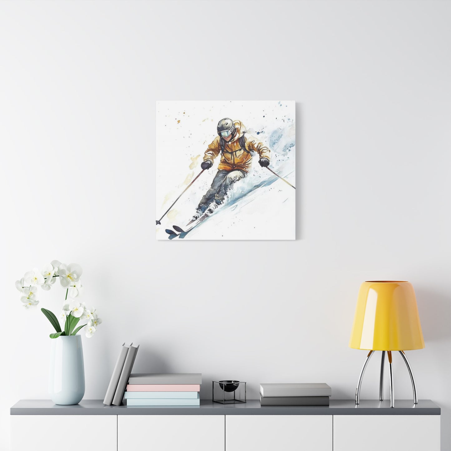Skiing In White Snow Painting Wall Art & Canvas Prints
