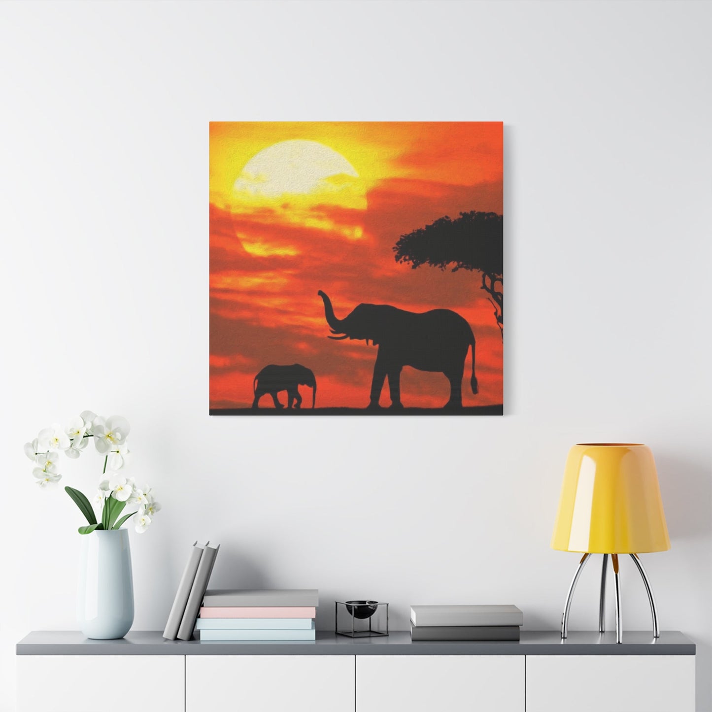 Elephant in Sunset Wall Art & Canvas Prints