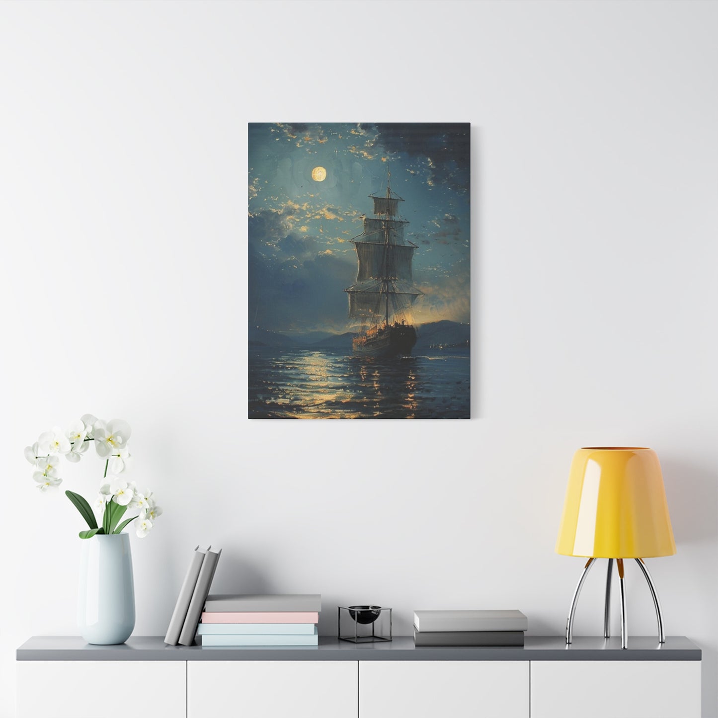 Large Ship Sailing At Night Painting Wall Art & Canvas Prints