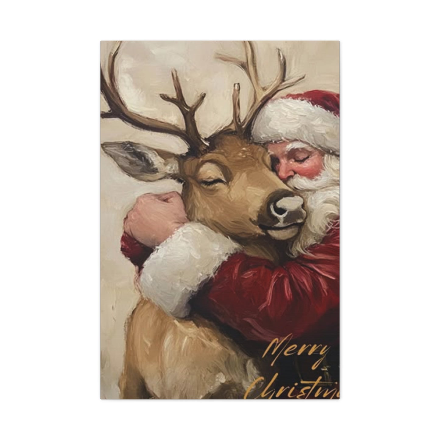 Santa Claus Hugging A Reindeer Wall Art & Canvas Prints