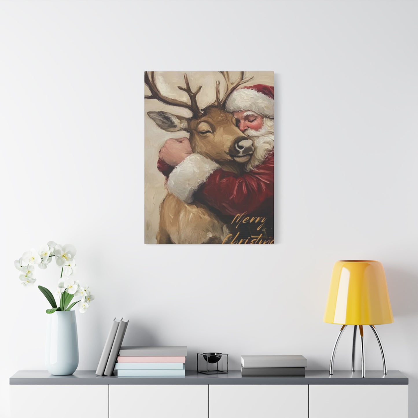 Santa Claus Hugging A Reindeer Wall Art & Canvas Prints