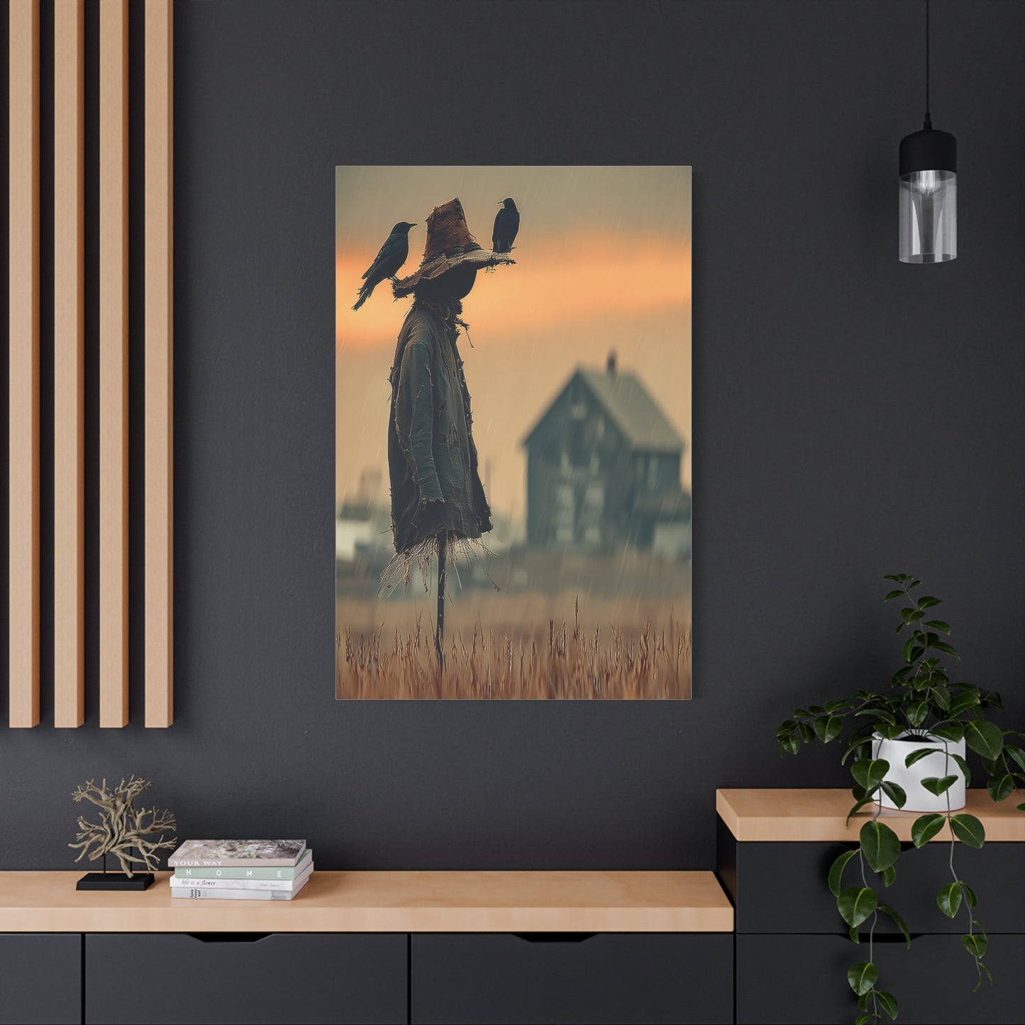 Old Scarecrow in Harvest Field with Crows Wall Art & Canvas Print