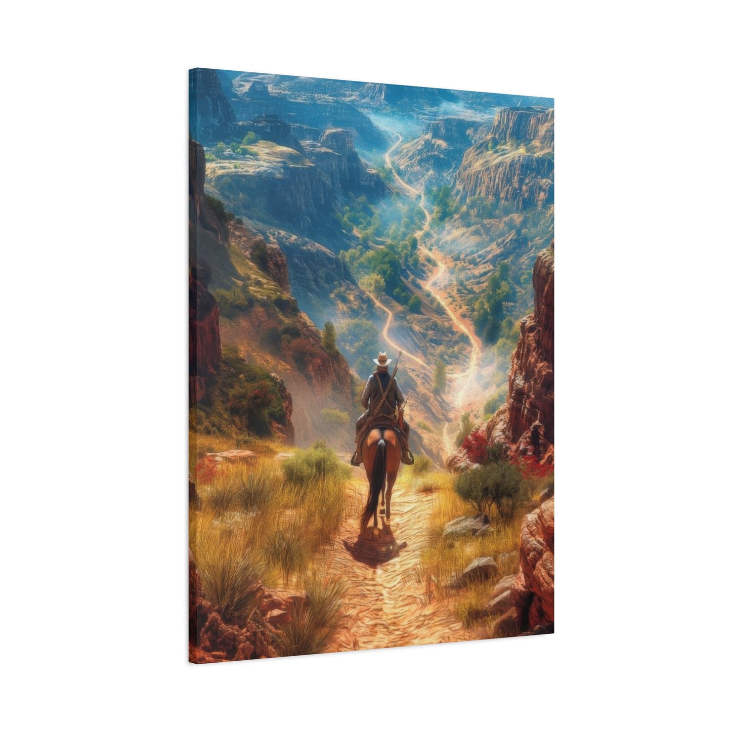 Cowboy Looking At Valley Landscape Wall Art & Canvas Prints