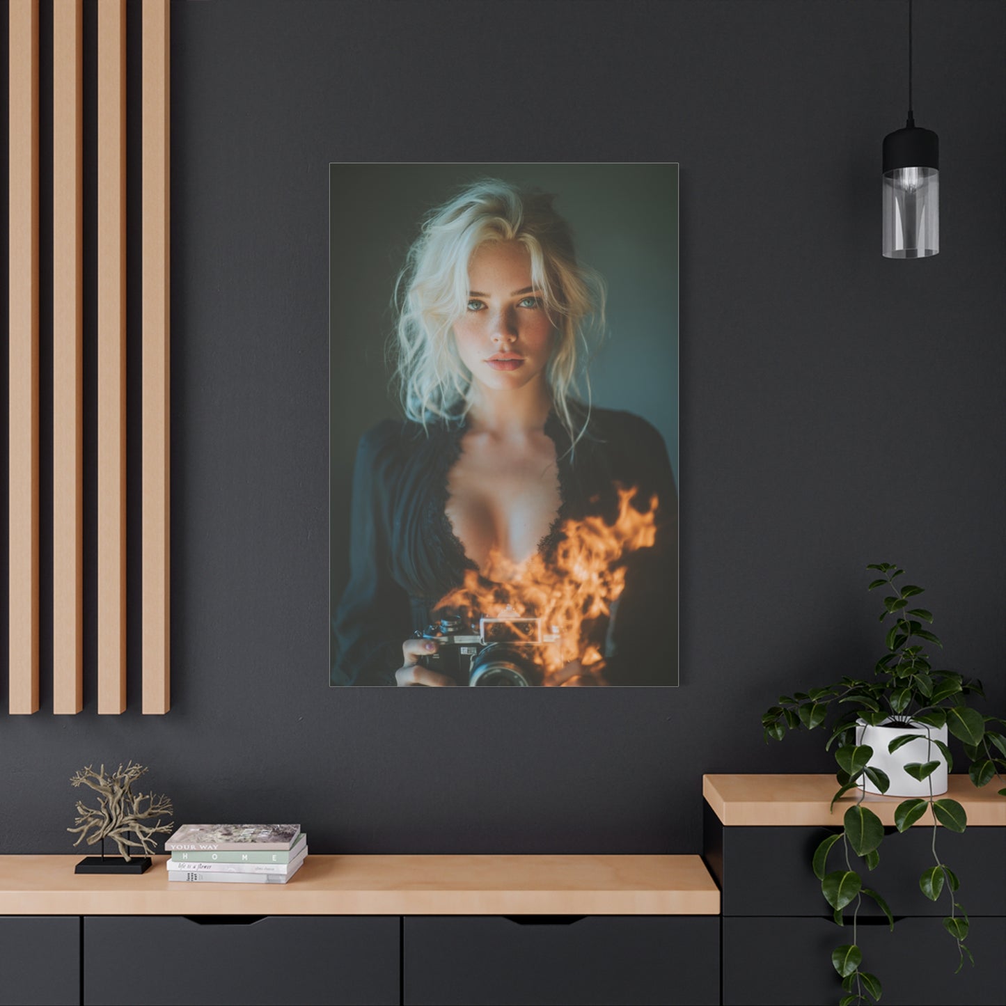 Blonde Muse Fire Camera Portrait Wall Art & Canvas Print