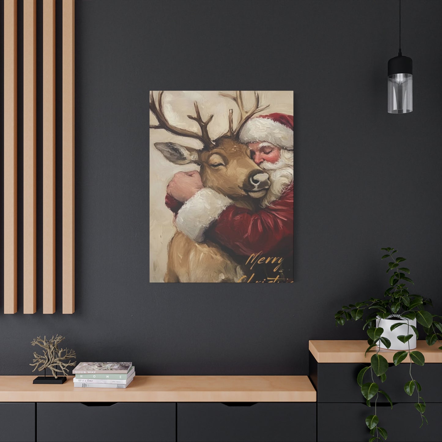 Santa Claus Hugging A Reindeer Wall Art & Canvas Prints